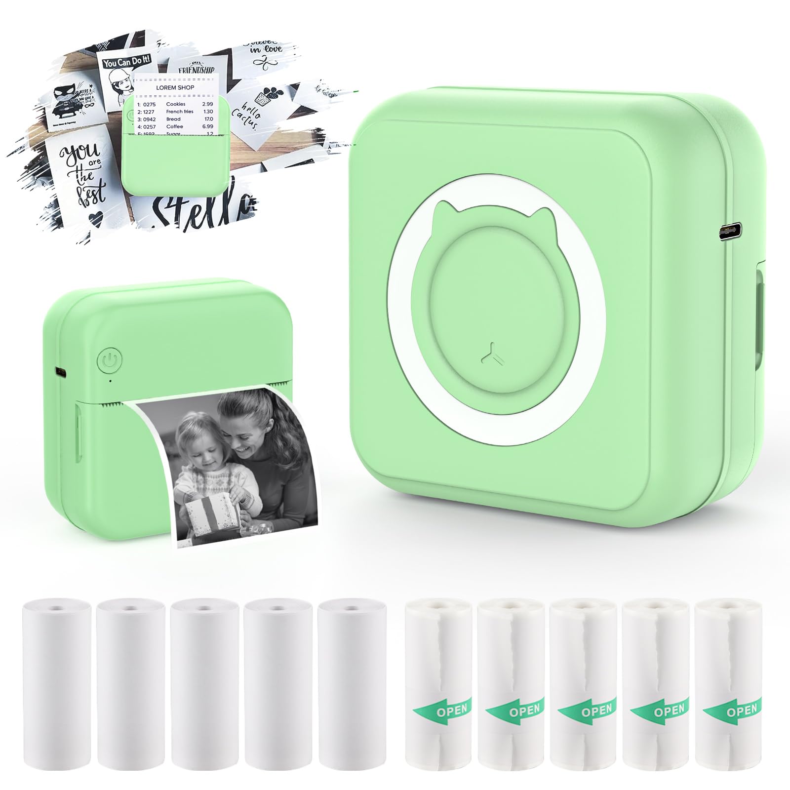 HUIJUTCHEN Mini Pocket Printer Portable Thermal Photo Printer with 10 Rolls Printing Paper for Android or iOS APP, Bluetooth Inkless Printer Labler Maker (Green)