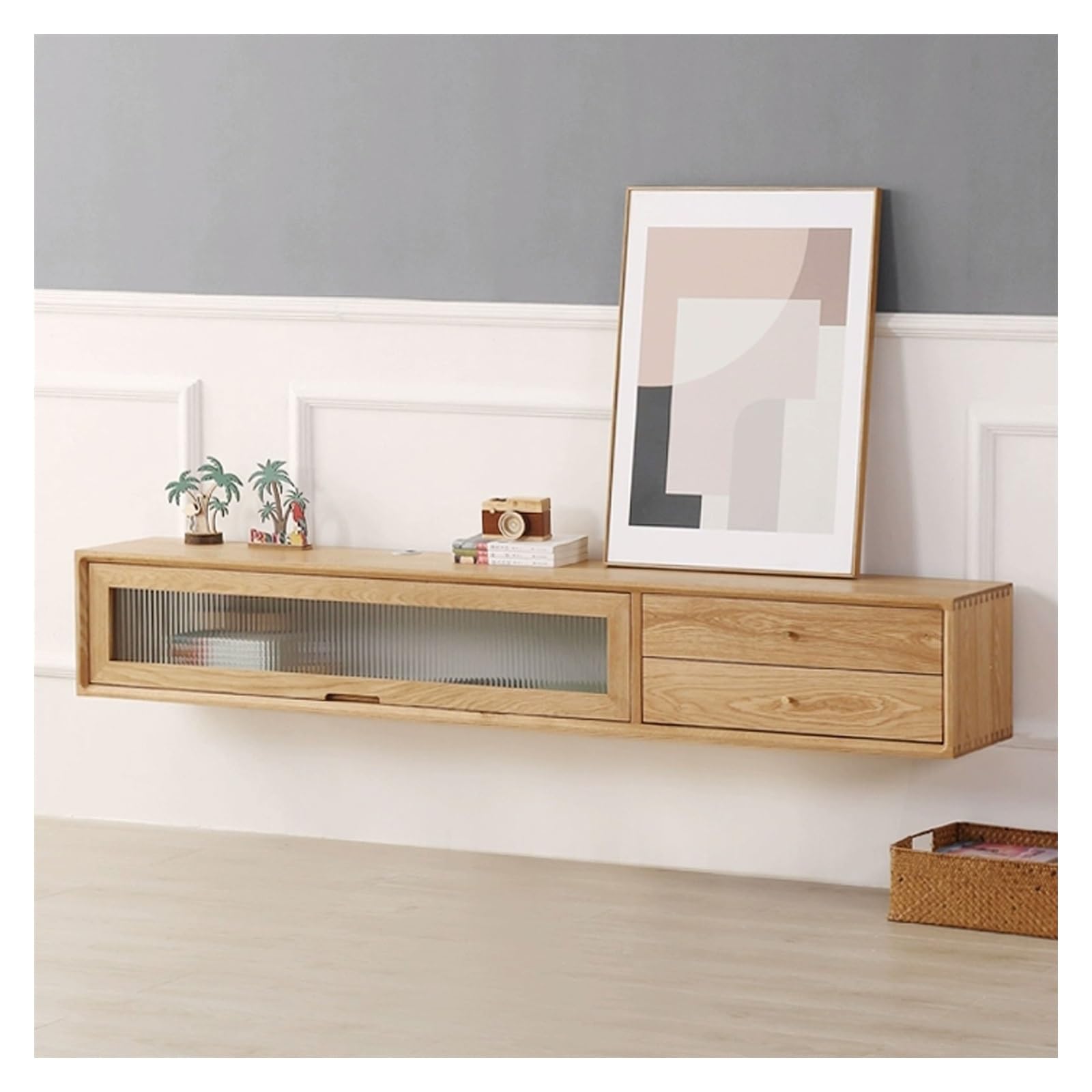 Mueble TV Mueble de TV for colgar en la pared Mueble de TV flotante for montar en la pared con 2 cajones de almacenamiento grandes y un estante abierto con puerta de vidrio Consola de TV Mesa colgante