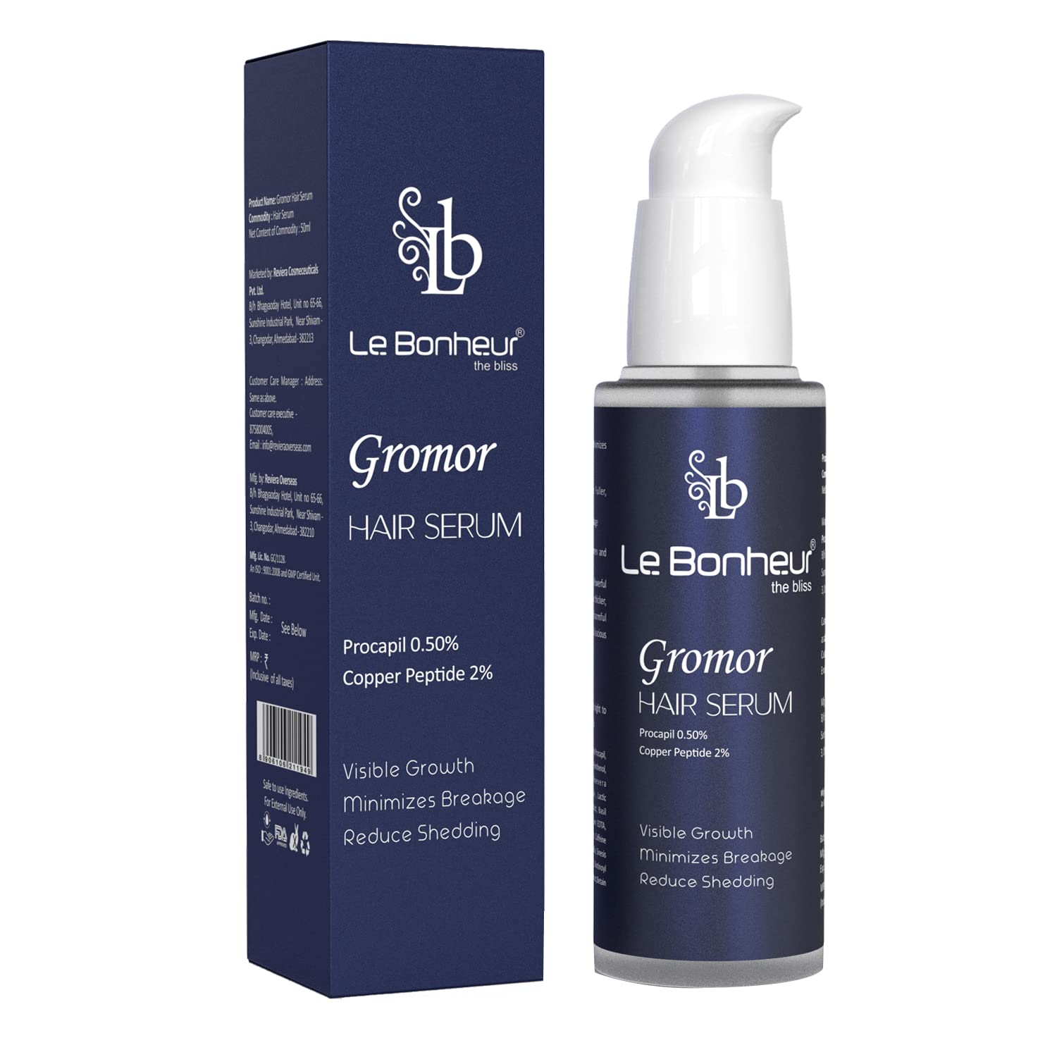 Le Bonheur Gromor Hair Serum | Boost Natural and Healthy Growth, Increase Density, Reduce Loss | Promotes Longer and Thicker Hair | Non-Greasy | All Types - Men and Women | 50ml