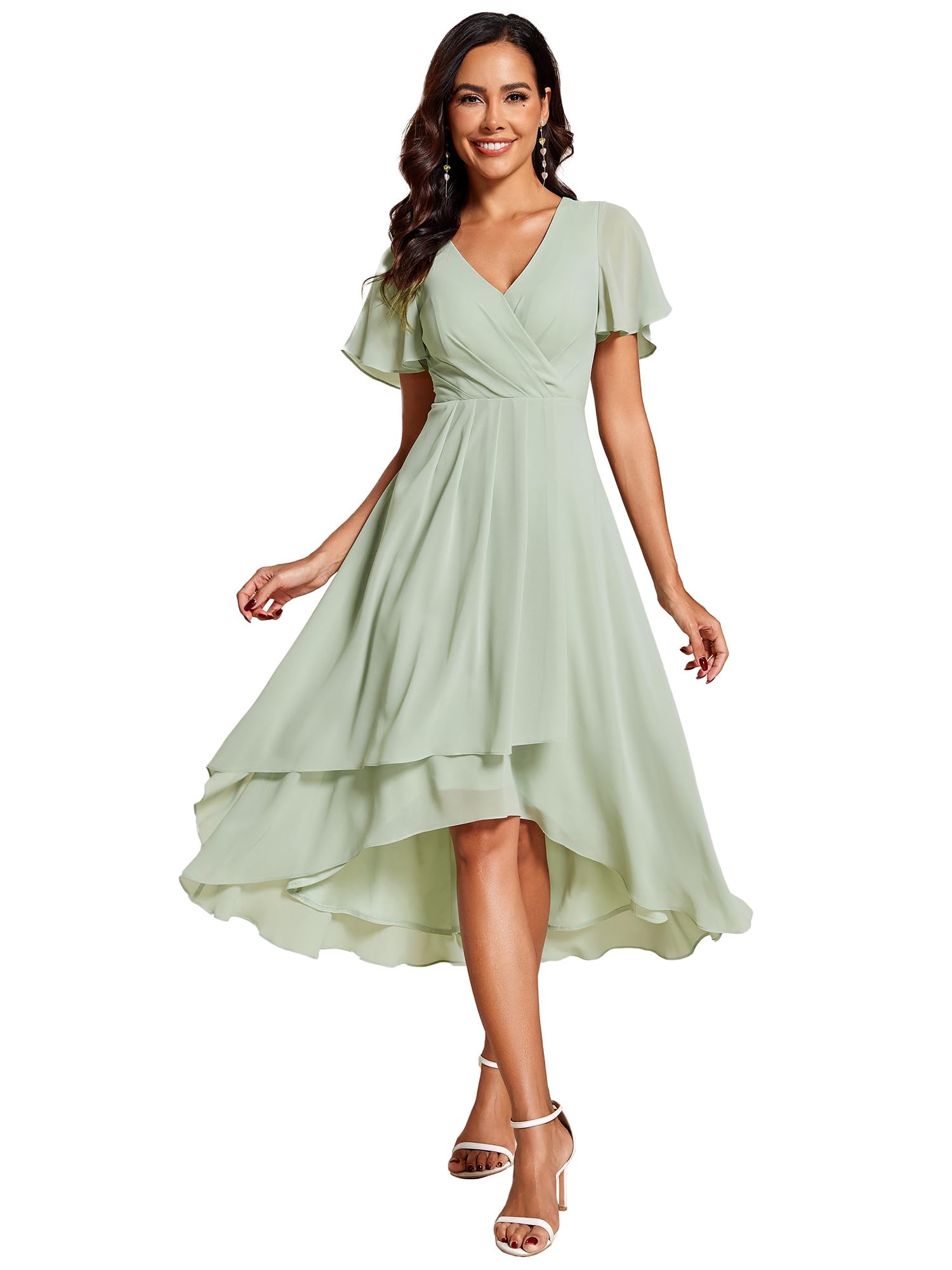 Ever-Pretty Damen Sommer Chiffon Plissee V-Ausschnitt Kurz Hochzeit Gäste Kleid mit Rüschen Ärmel 01923