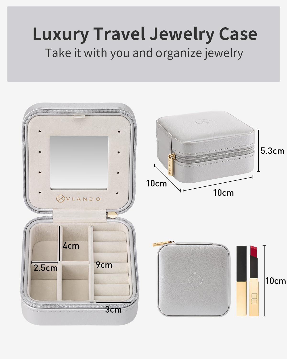 Vlando Travel Jewellery Box Organiser,Small Jewellery Case, Gifts for Women,for Earring, Necklace, Bracelet,Grey 3
