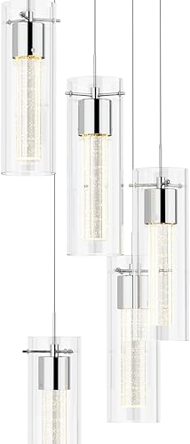 Miniatura 5 de Alice - Lámpara de techo colgante de 5 luces, LED integrado y cristal de burbujas, para isla de cocina, pasillo, entrada, pasarela, comedor,