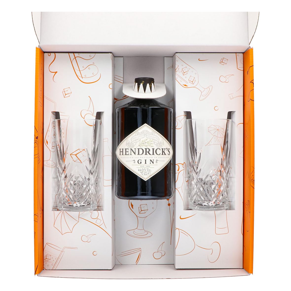 Sipply Geschenkset 3-teilig mit 2 Longdrinkgläser Relief und 1 Flasche Hendricks Gin 0,7l 44,0% Vol. | mit Geschenkverpackung: Orange | Geschenk für Frauen Männer Papa Freundin zu Weihnachten Ostern