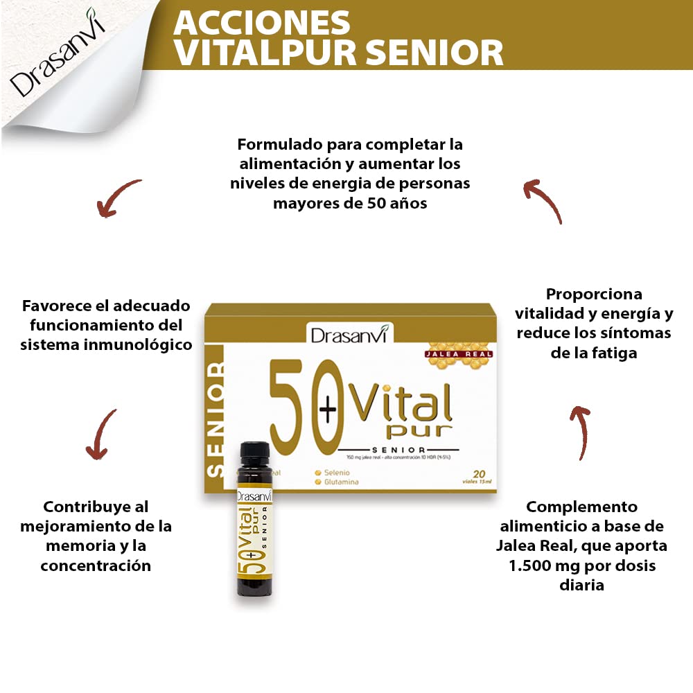 Drasanvi VITALPUR SENIOR Jalea Real 10 HDA 4-5 %| con Hierro, Magnesio, Selenio, Glutamina y Luteína| para el Cansancio y la Fatiga | 750 mg/día | con Stevia | 20 Viales = 20 Días | Sabor Naranja