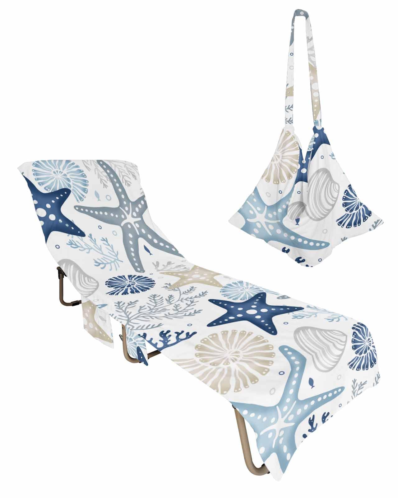 Starfish Blue Beach Chair Towel Covers for Chaise Lounge with Side Pocket, Soft Plush Pool Towels Cover for Patio Sunbathing Outdoor Coastal Conch Ocean Coral Fish Brown 29''x85''