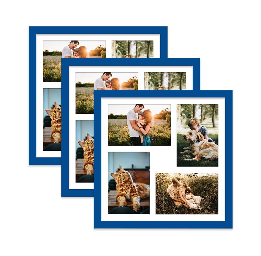 Blue Multi Photo Frame - Holds 4 x 6x4 Pictures, Family Collage Picture Frame for Wall Display, 12x12 Frame size, Set of 3