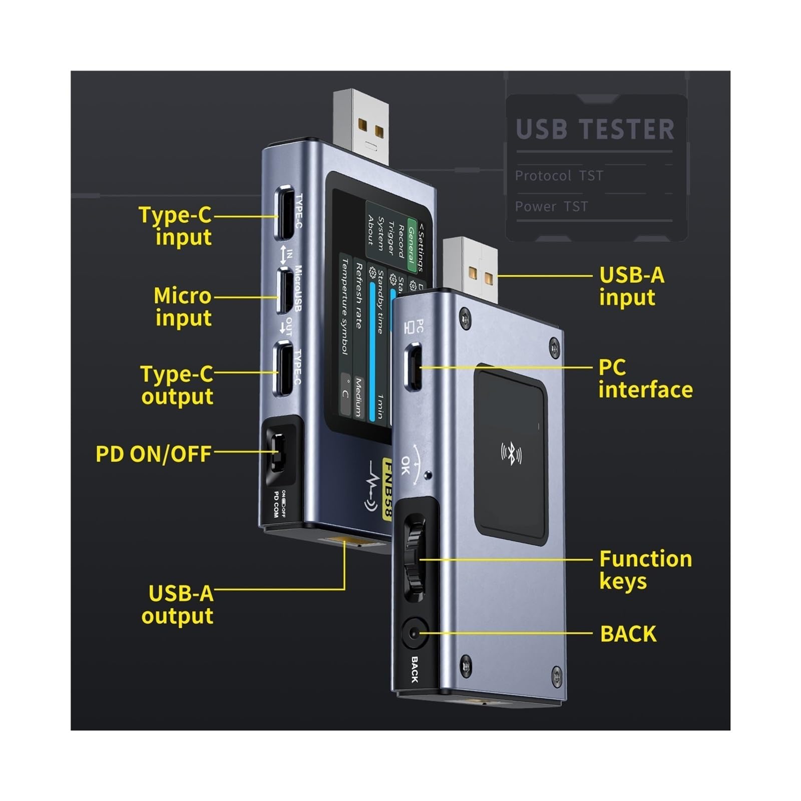 Amperomierz USB, FNB58 Woltomierz cyfrowy Amperomierz Woltomierz prądu Tester USB Wskaźnik napięcia Profesjonalne narzędzia dla elektryków(Without Bluetooth)