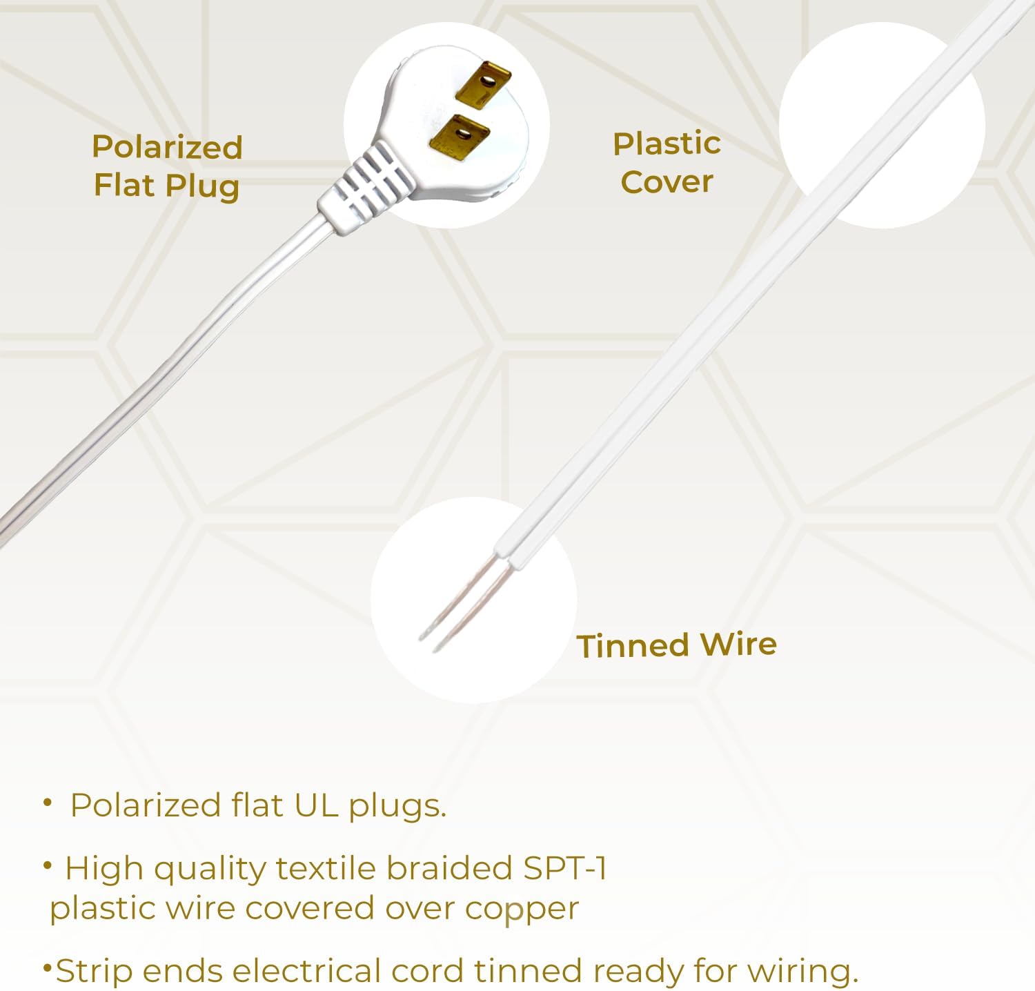 Royal Designs Lamp Cord Flat Plug, Stripped Ends Ready for Wiring, 8 ft long, White, SPT-2 UL Listed