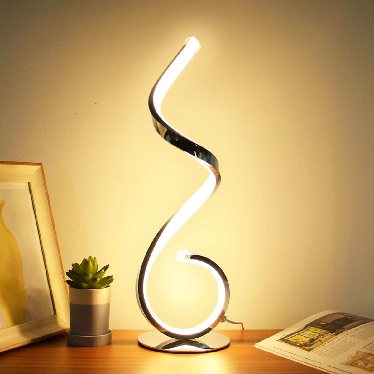 Modern Spiral LED Table Lamp, Stepless Dimmable Bedside Table Lamps for Bedroom, 10W LED Desk Lamp 3 Color Modes Desk Light Reading Office Lamps for Nightstand, Living Room- Silver Silver B