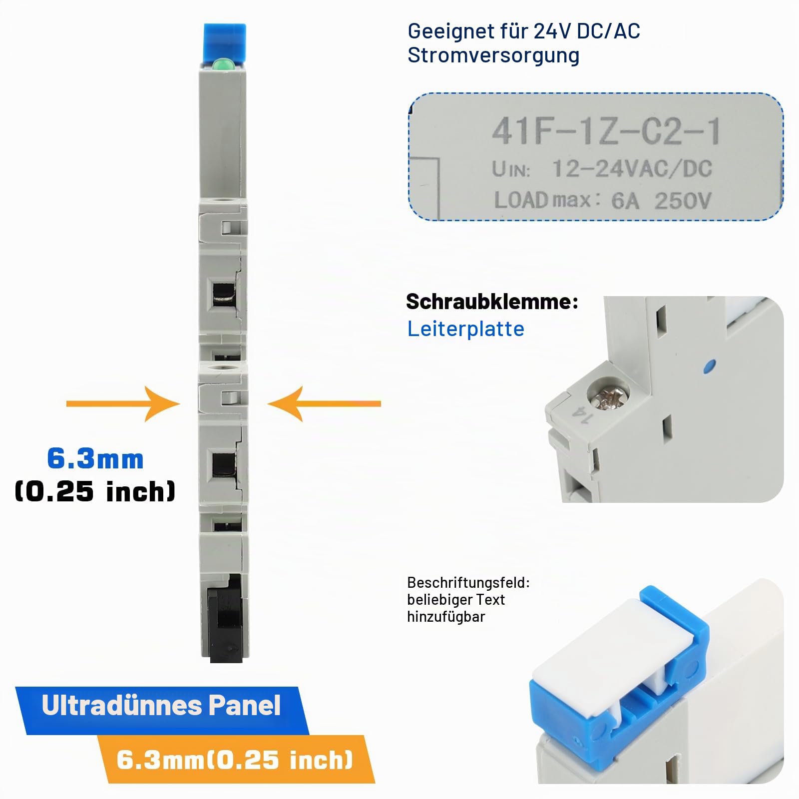 Relais 24V, DIN Din Signalrelais für PLC, HF41F/24-ZS 5Pin 1NO 1NC