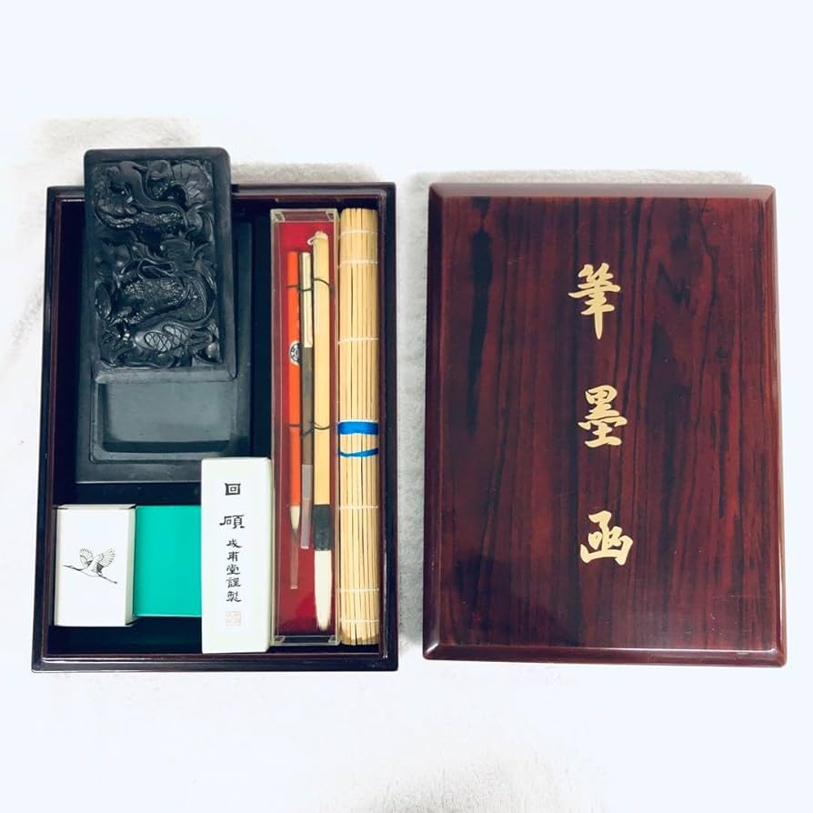 Amazon.co.jp: 高級 書道具セット 硯 墨 筆 文鎮 龍 筆墨函 香炉付