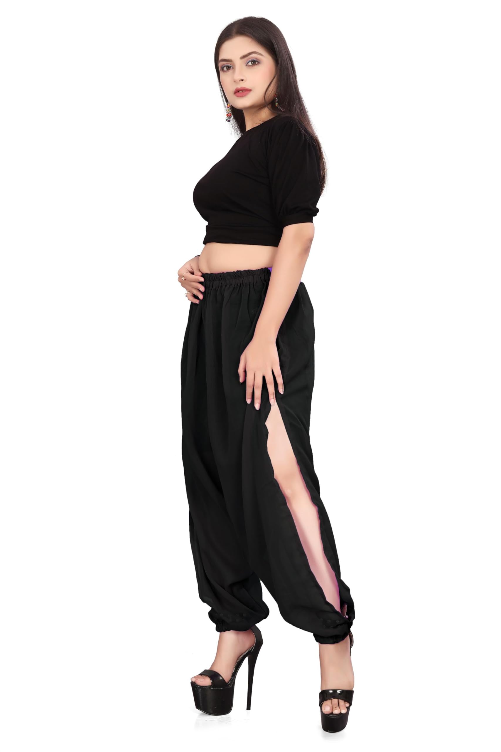 Pantalón harén de gasa con abertura lateral, para danza del vientre, largo con abertura lateral, talla única, C19
