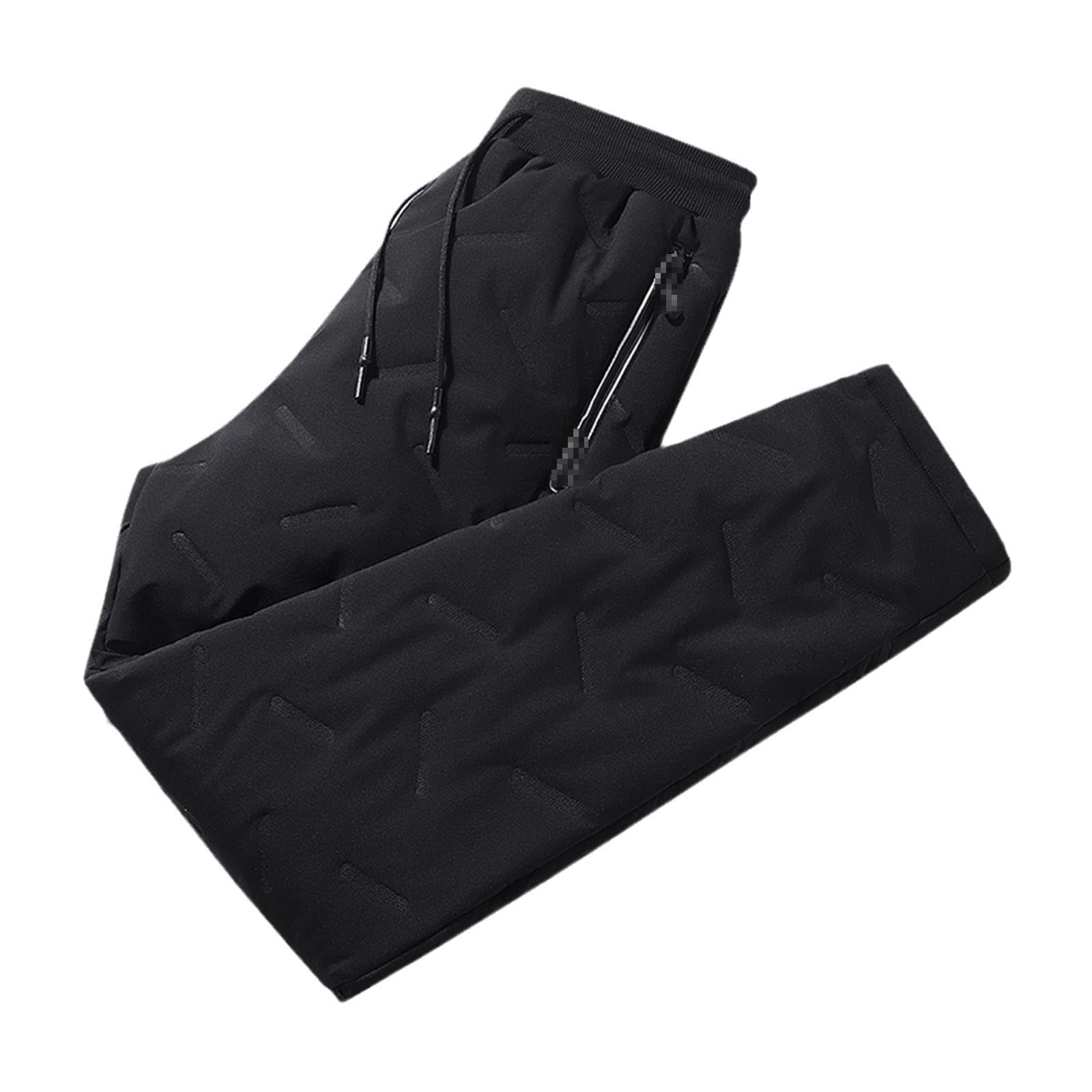 Mens Zip Pockets Thicken Fleece Sweatpants Men Joggers Down Warm Pants A Black