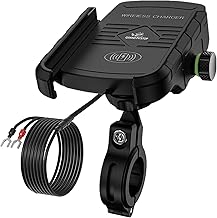 Motorcycle Phone Mount with Qi 15W Wireless Charger & USB C 20W Fast Charging Port, Waterproof Motorcycle Cell Phone Holder Cradle with Aluminum Alloy Handlebar Mounting Base for 4"-8" Phone