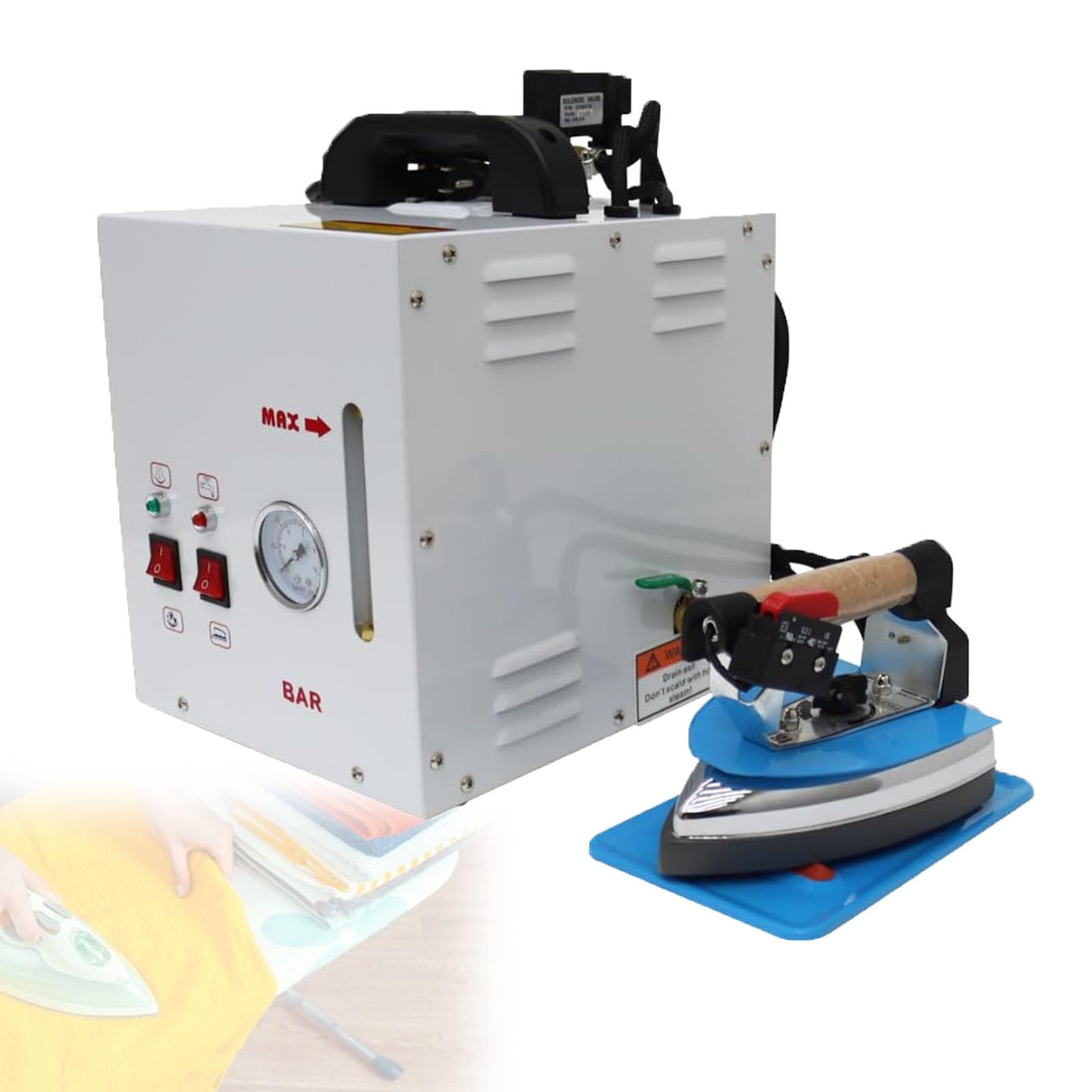 Pfps Industrial Grade Steam Ironing Station, Handheld Steam Boiler Iron, 4L Water Tank, Drain Valve, Adjustable Steam for Curtains, Fabrics
