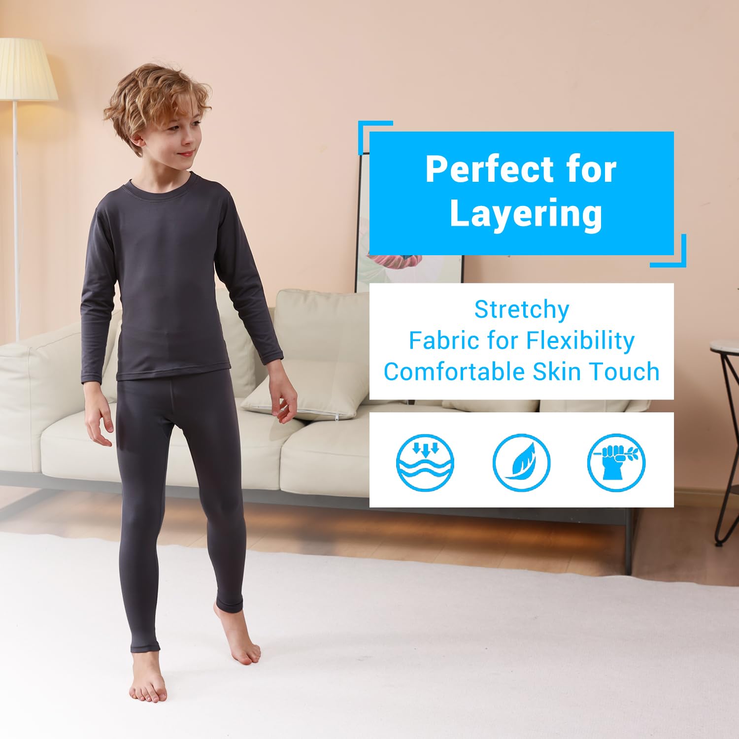 PISIQI Conjunto de ropa interior térmica para niños con forro polar para niños, ultra suave, capa base superior, inferior, conjunto cálido para esquí