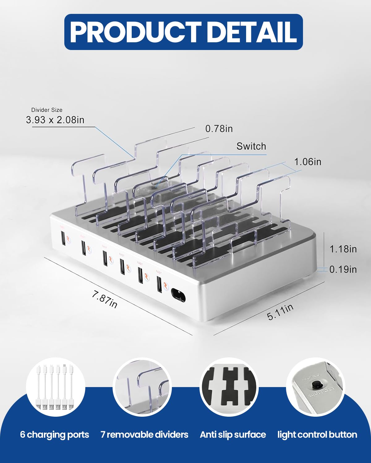 Station de charge USB à 6 ports avec 6 câbles inclus, hub de charge rapide pour iPhone, téléphone portable, tablette, montre intelligente – Organiseur de bureau multi-ports (argenté)
