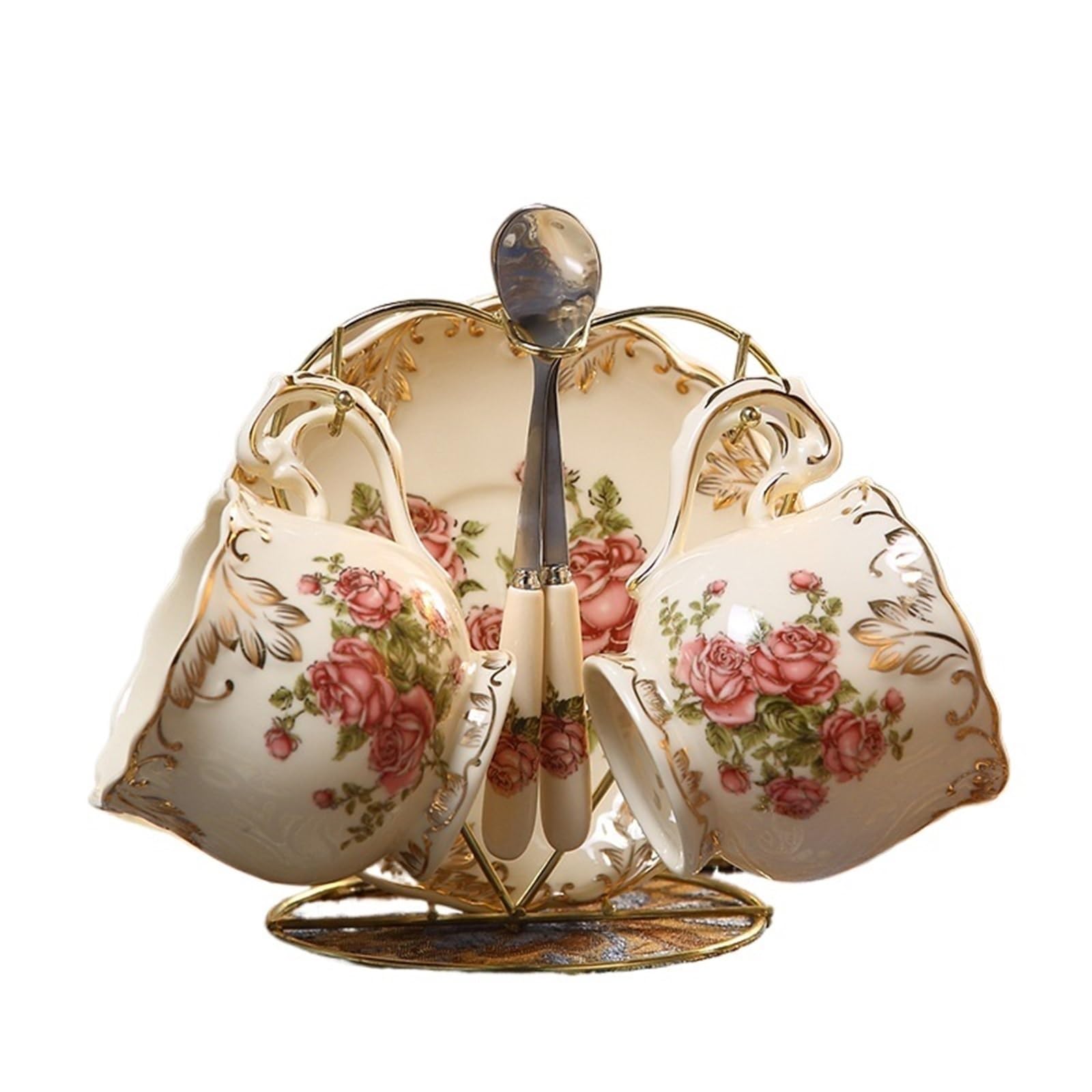 Brytyjski styl malowany kwiat minimalistyczny kubek do kawy zestaw talerzy porcelanowy kubek z łyżką ceramiczny kubek do herbaty na popołudnie (B)