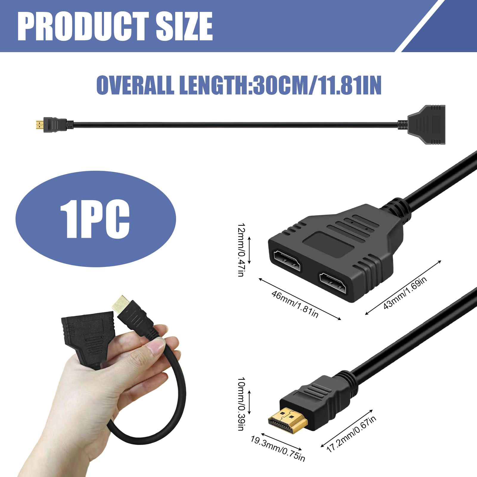 Adaptador Divisor HDMI 1 a 2, Divisor HDMI Macho a Doble Hembra 1080P, Cable Splitter para TV, Monitor, Proyector y Pantallas HD, Duplicador de Señal para Usar Pantallas con un Solo Puerto — view 2