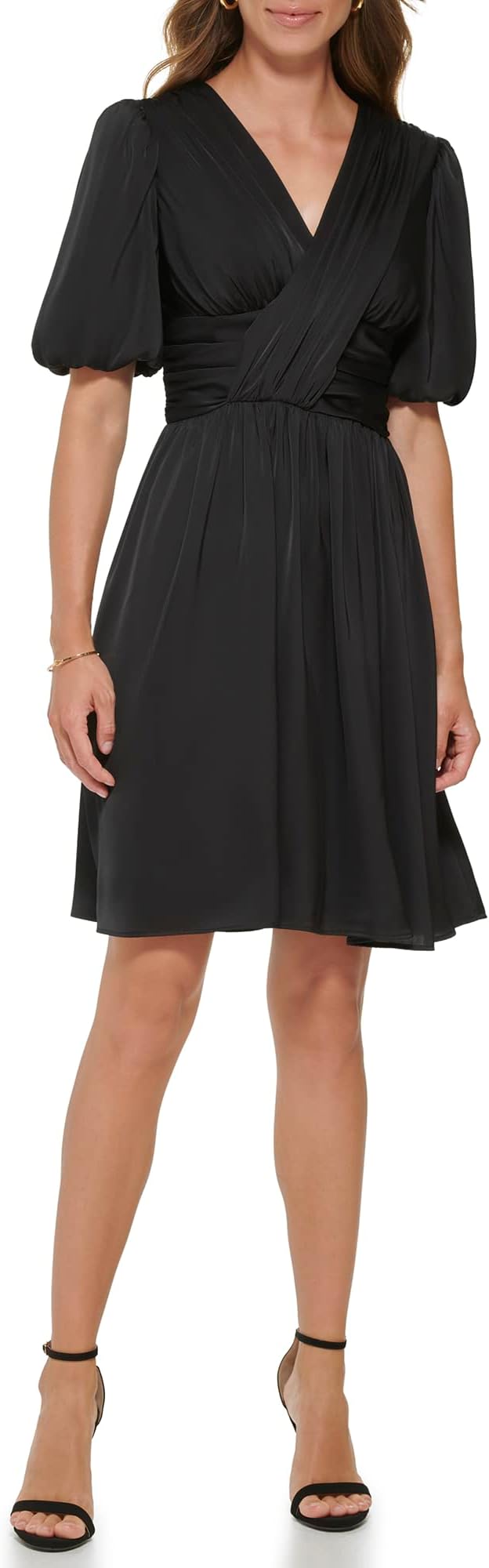 DKNYwomens Flounce Sleeve Fit and Flare With Button Sleeve Dress