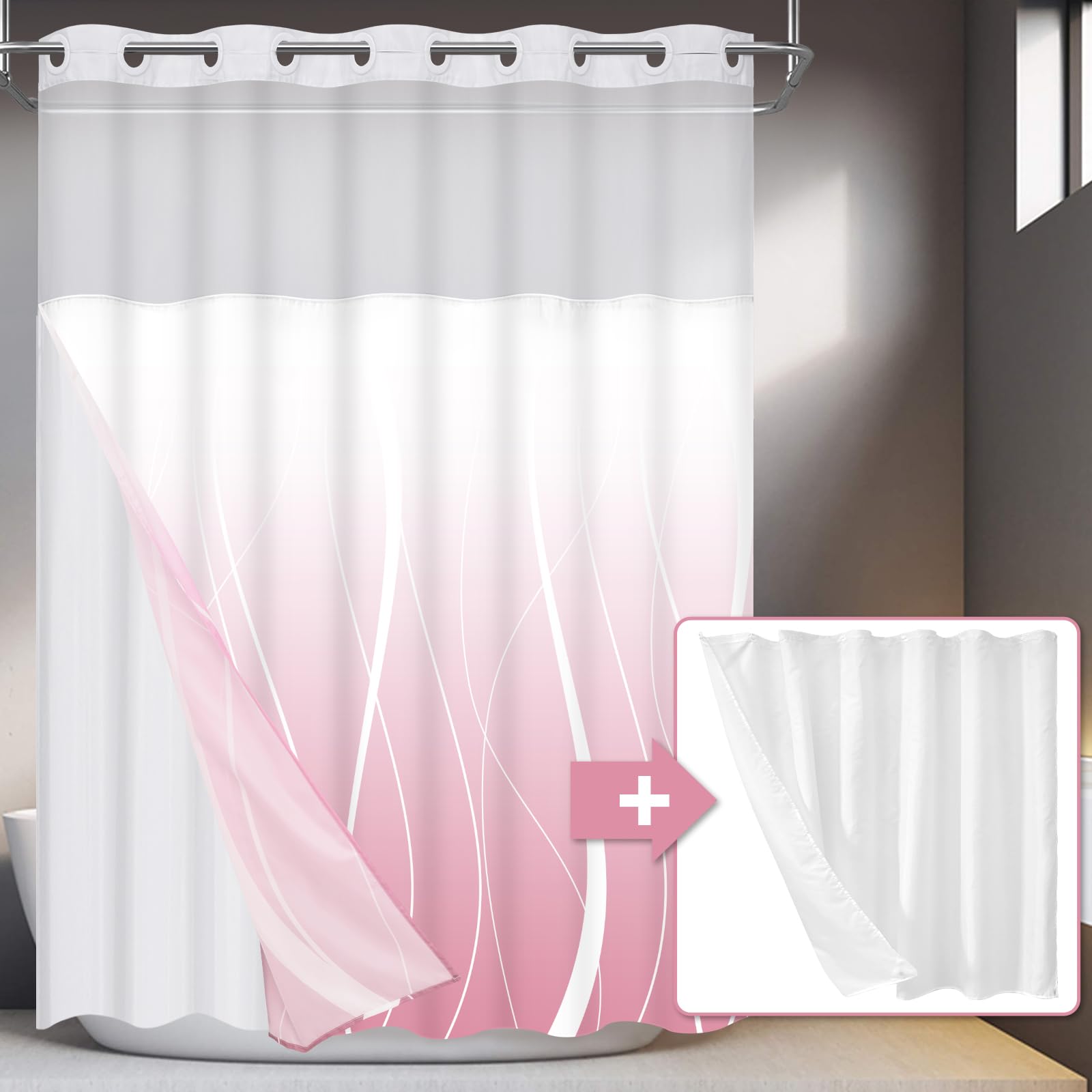 Likiyol Pink Ombre No Hook Shower Curtain with 2Pcs Snap in Liner, Modern Striped Hotel Shower Curtain and Liner Set, See Through Shower Curtain with Window, Double Layer, Waterproof, Washable