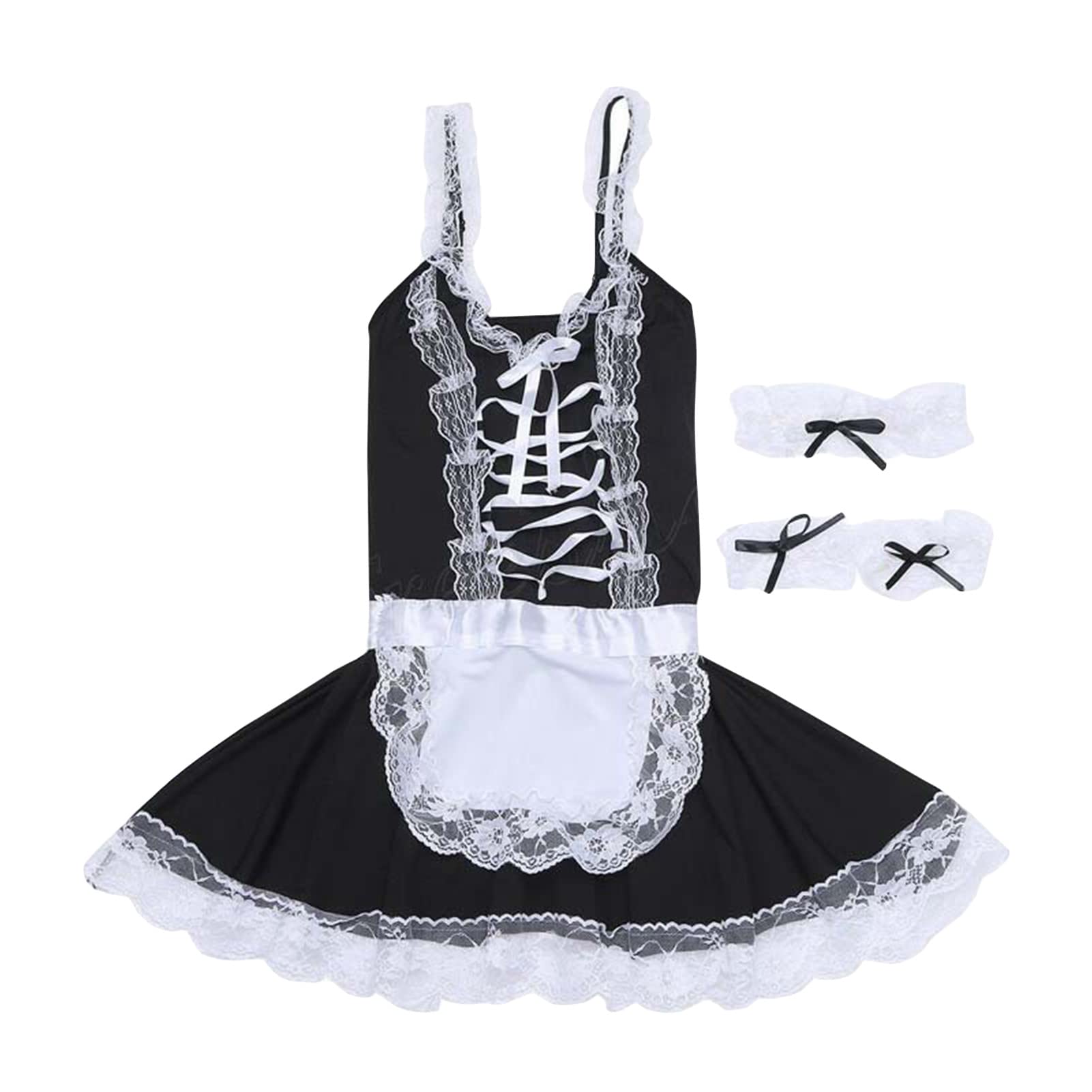 Men's Sissy French Maid Dress Costume See Through Crossdressing Cosplay Outfits One Piece Nightwear Underwear (Black,XX-Large)