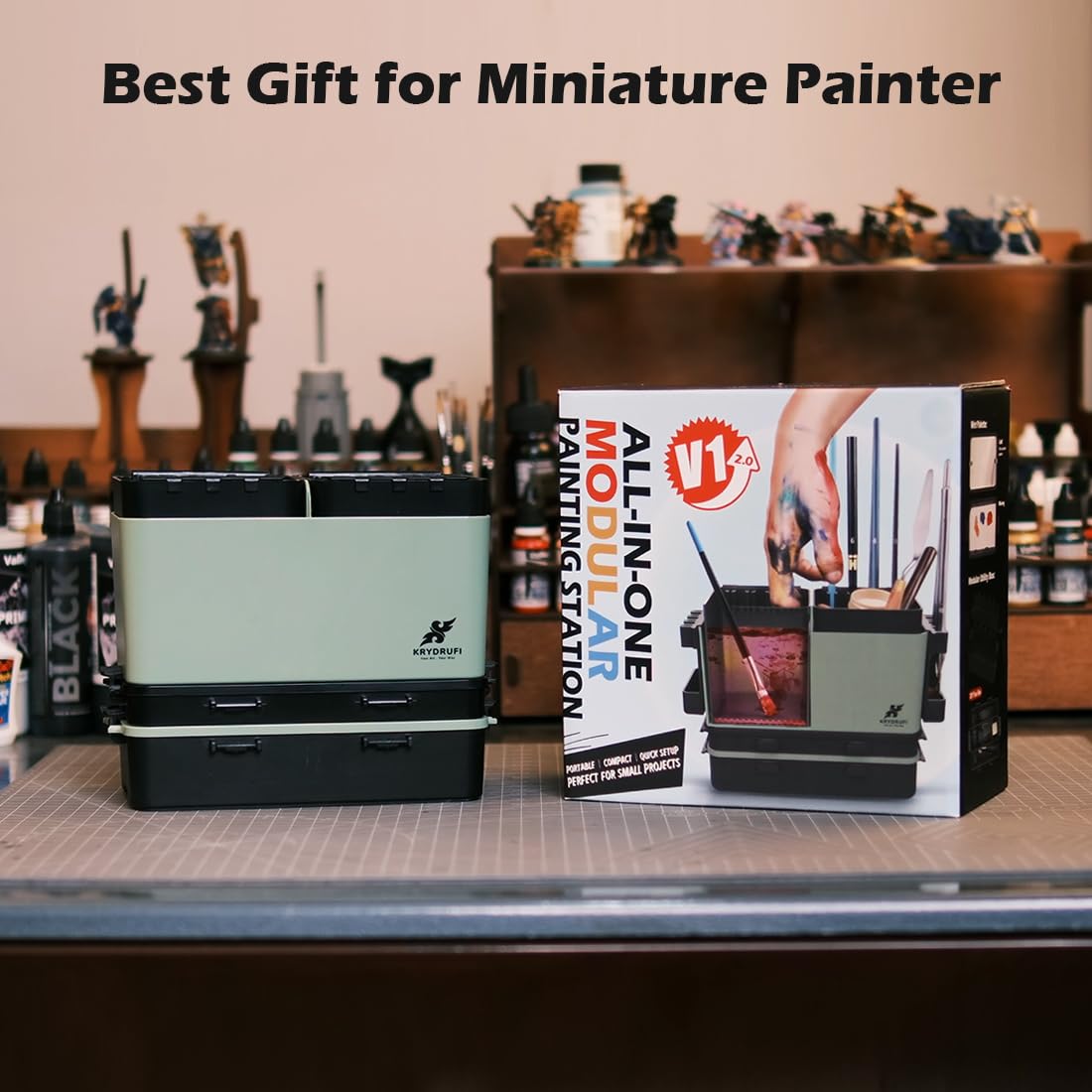 Station de peinture modulaire portable tout-en-un avec nettoyeur de pinceaux et supports, plateau de palette de peinture humide avec couvercle pour peinture miniature et peintures acryliques