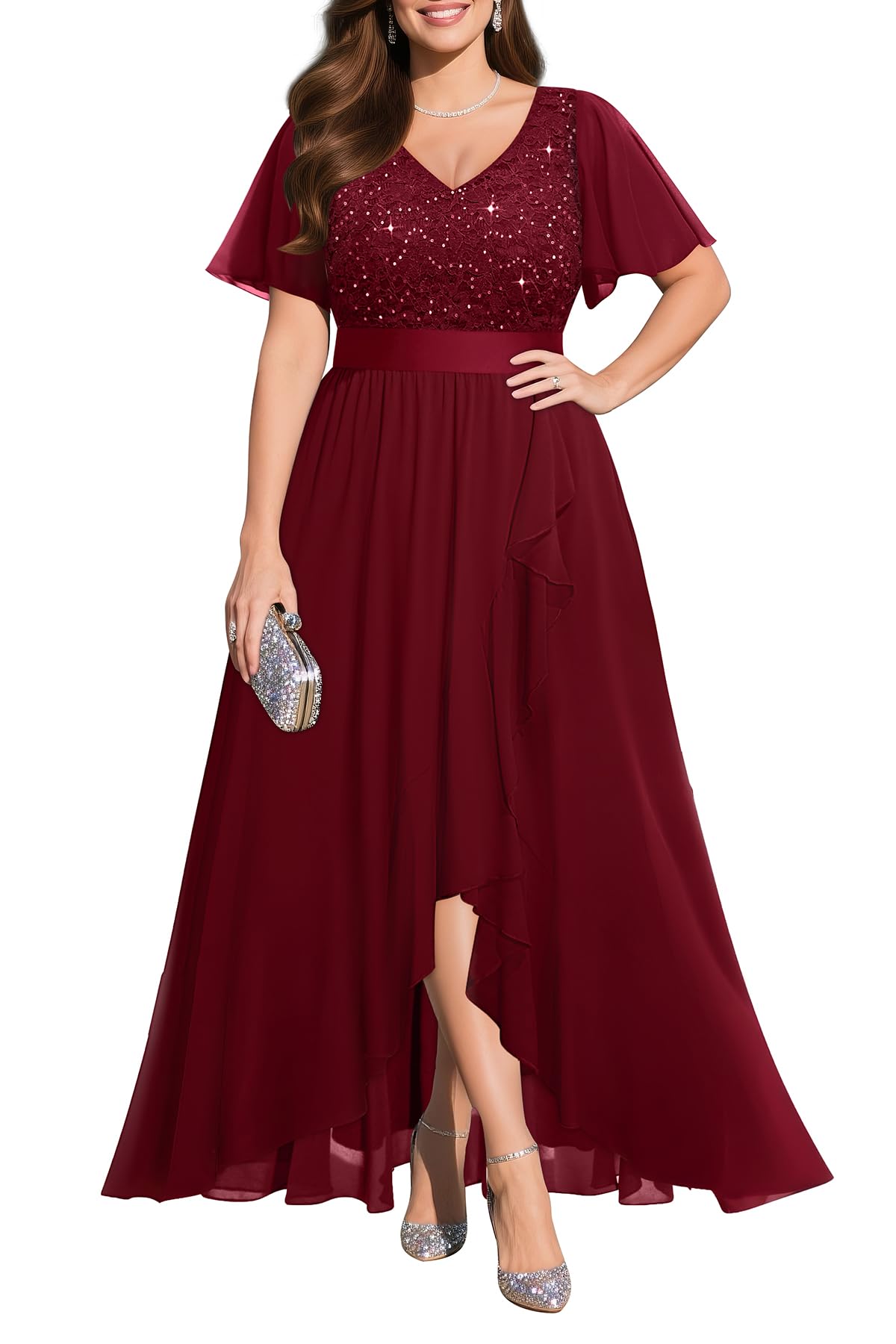 Plus Size Formal Dress - Evening Wedding Guest Cocktail Sequin Chiffon Long Dresses with Slit
