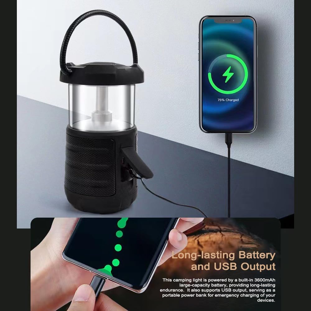 Multifunctional Camping Light with BT Speaker Portable Night Lamp Waterproof Power Bank Port 2 Color Temperature Adjustable Brightness TF Card Playback for Camping Hiking Fishing Patio