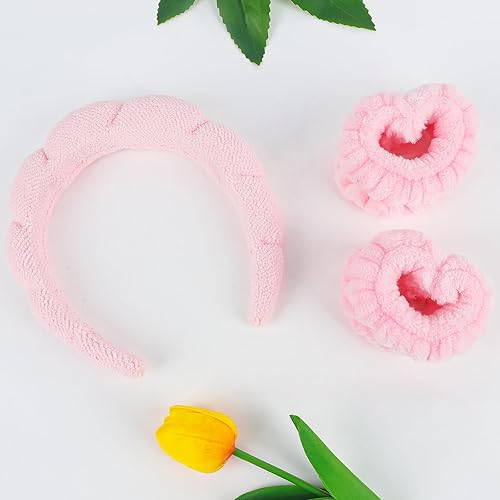 Miniatura 4 de Casoty Juego de 3 diademas de tela de rizo, diadema y pulsera, diademas para el cuidado de la piel, diadema de spa y pulsera, diadema de maquillaje