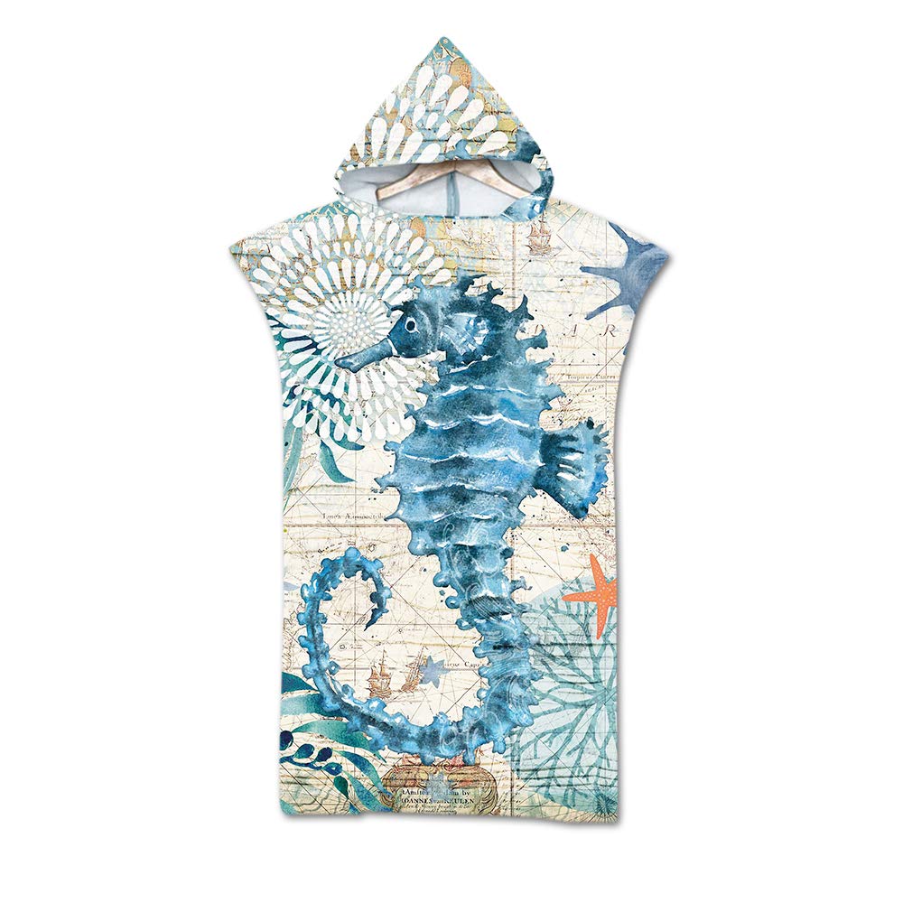 Treer Women's Seahorse Changing Robe Hooded, Adult Poncho Towel Microfibre Quick Dry Light Weight Towel For Men Beach Swimming Surfing Wetsuit Changing Camping Travel (75X110cm,)