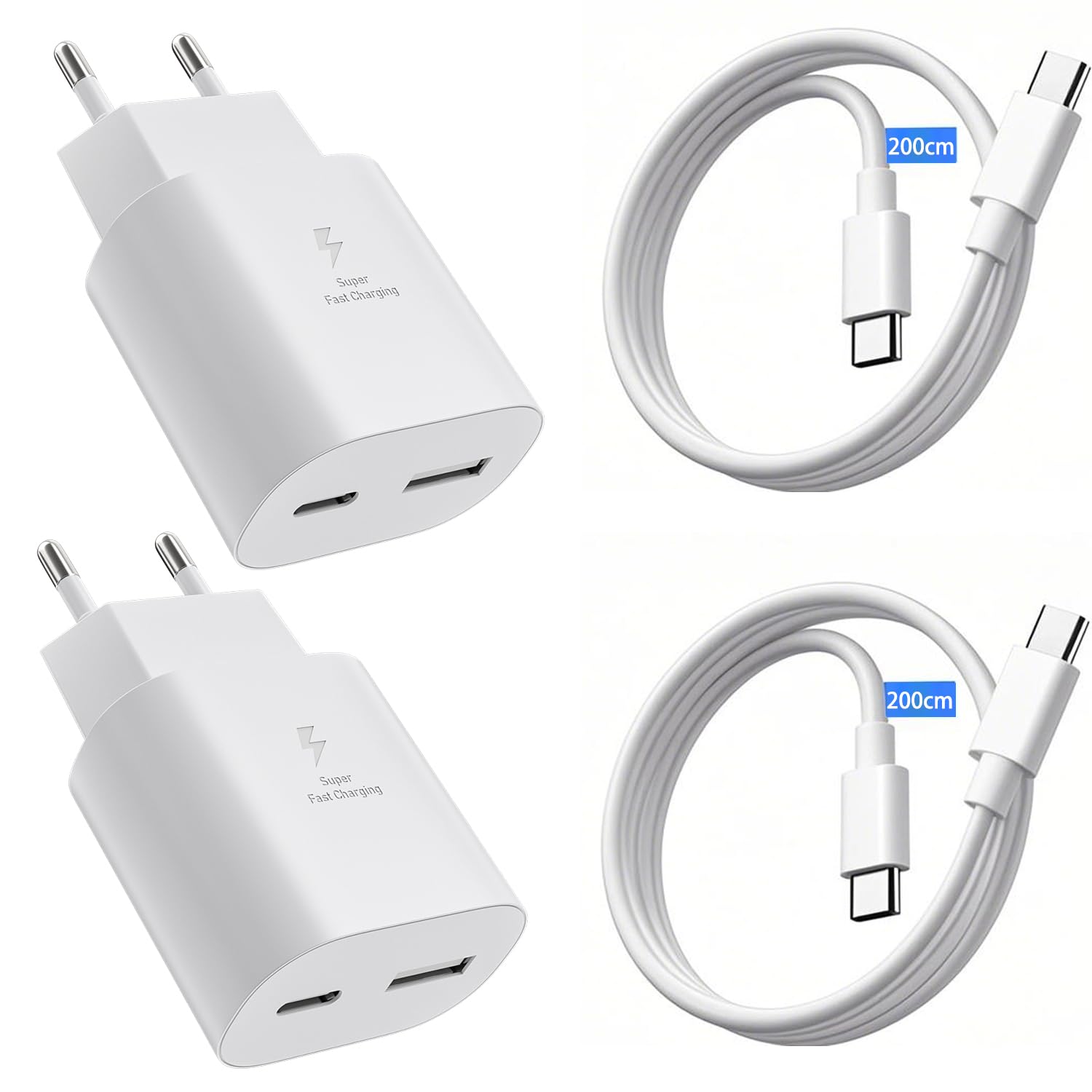 Confezione da 2 caricabatterie USBC, 25 W, 2 porte, USB-C e USB-A, con cavo di ricarica da 2 m, per iPhone 16e 16 Pro 15 Pro Max Samsung S25 S24 A56 A55 A36 A35 A16 A15