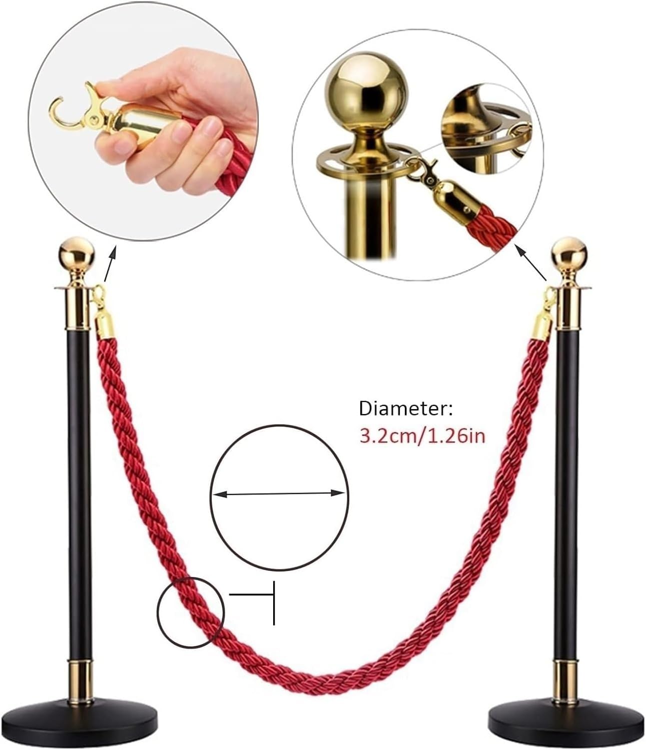 Rope Barriers Queue Rope 3 4 5 5Ft Crowd Control Rope, Braided Twisted Hemp Rope Barrier for Queue Divider Events Clubs Hotel Bank