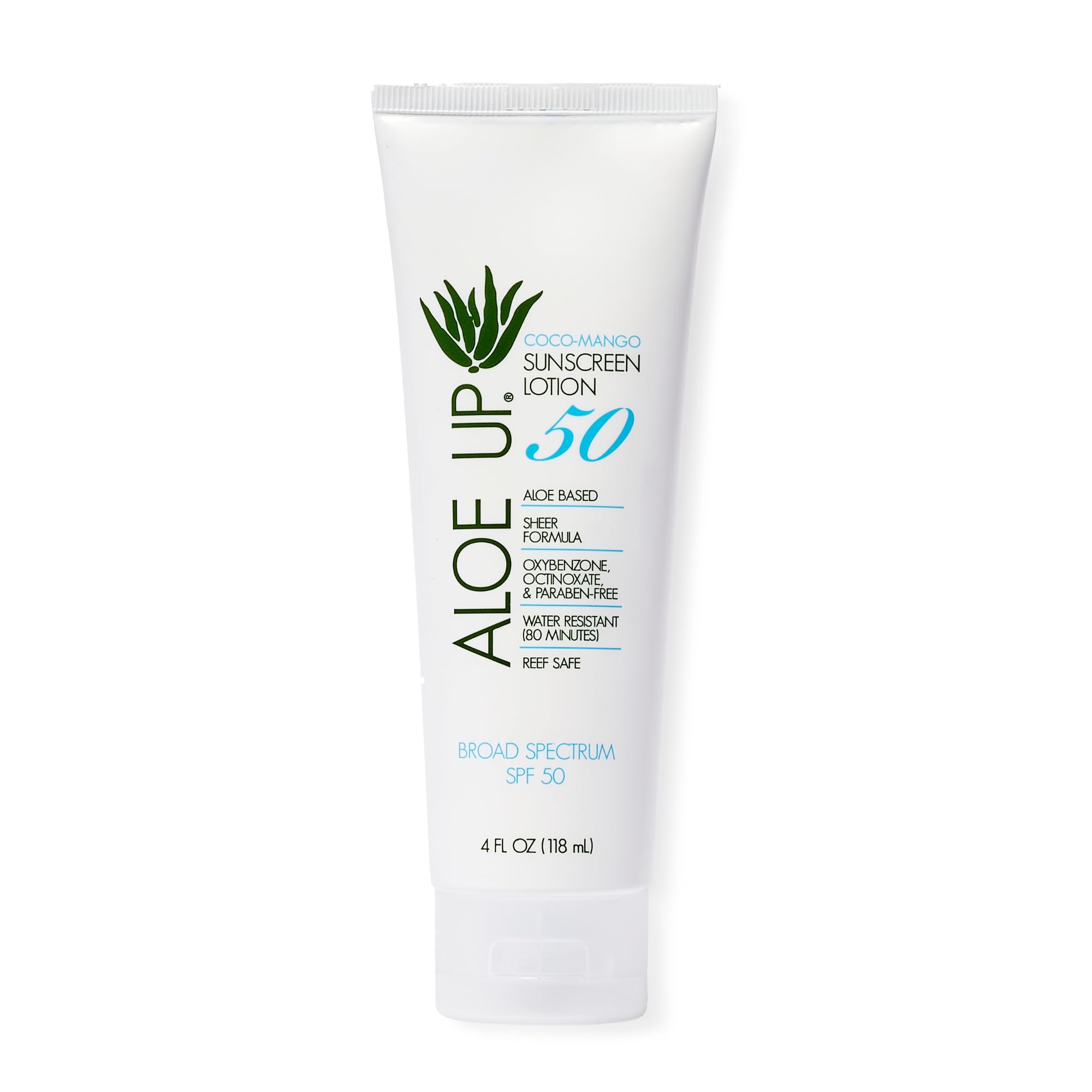 Aloe Up White Collection Sunscreen Lotion SPF 50, 4 oz | Broad-spectrum SPF 50; formula; Water resistant up to 80 min; With aloe vera gel; Coco-mango
