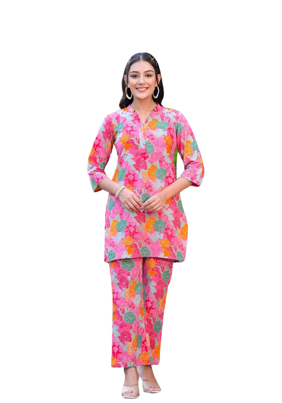 Leriya Fashion Women Ethnic Kurta Set | Cotton Blend Kalista Co-Ord Set | Casual Wear Pant Top Set | Fancy Pajama Set | Pack Of 2 | Floral Printed Top & Pant Set (X-Large, Pink) Lf-K-W1728&Tr819