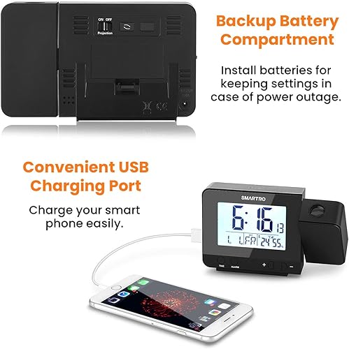 Vista 6 de SMARTRO - Reloj despertador digital de proyección para dormitorios con termómetro interior higrómetro, cargador USB, proyector de mesita de noche