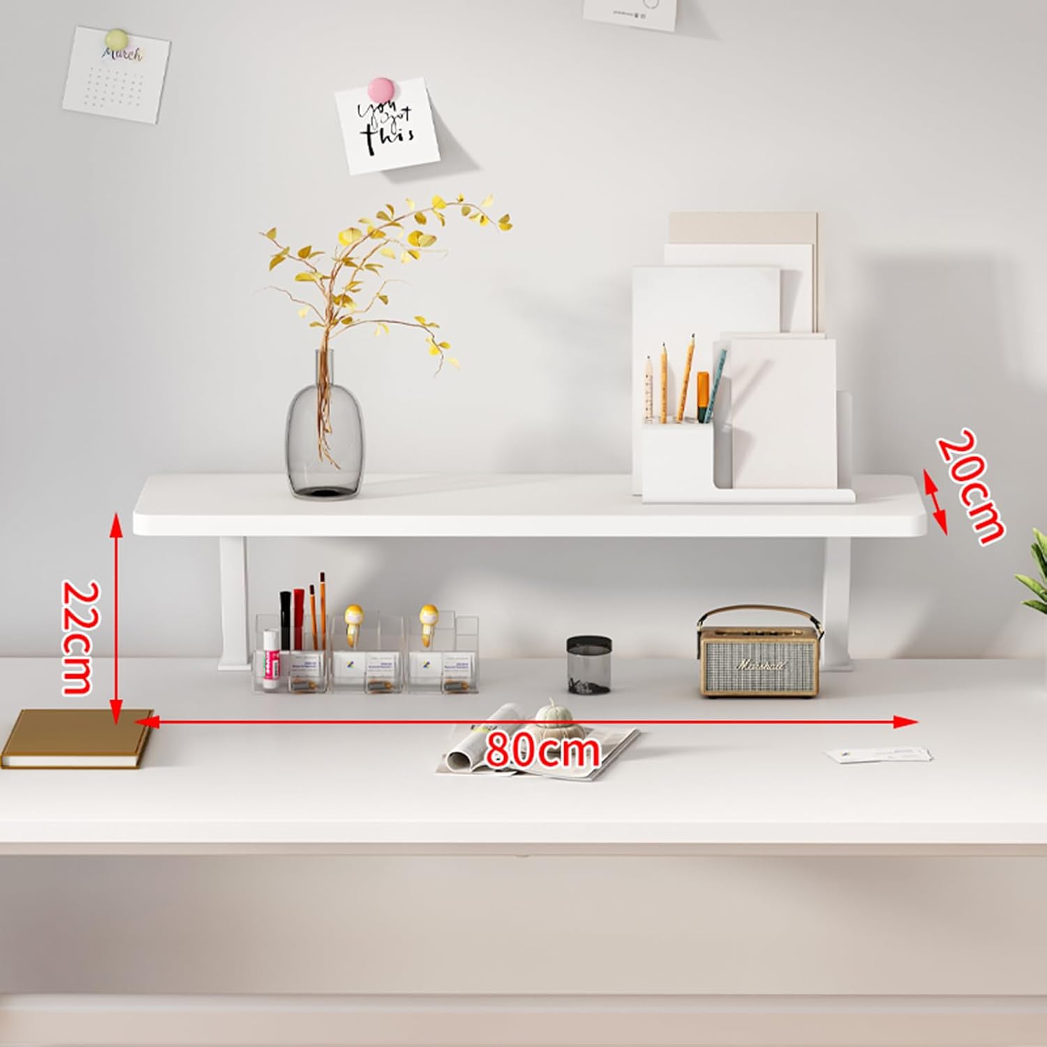 Clamp on Desk Shelf, 31.5x7.8in Desktop Extender Klemmbares Schreibtisch Organizer Regal Adjustable Floating Desks Shelf for Office, Dorm, Home Desk Organization, White