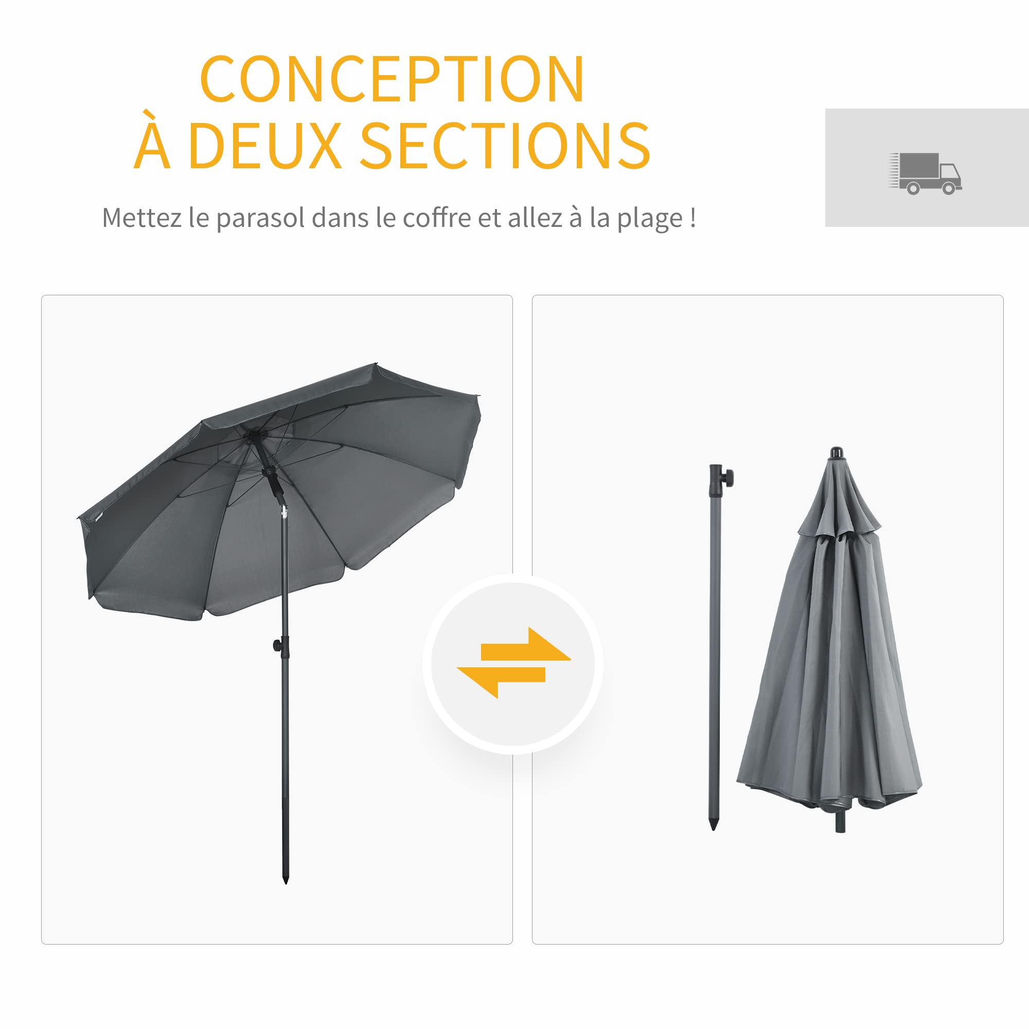 Outsunny Parasol de Plage Parasol de Jardin Extérieur Ø 180 cm Gris Foncé | Inclinable, Protection UV 50+, avec 8 Baleines, Sac de Transport Inclus