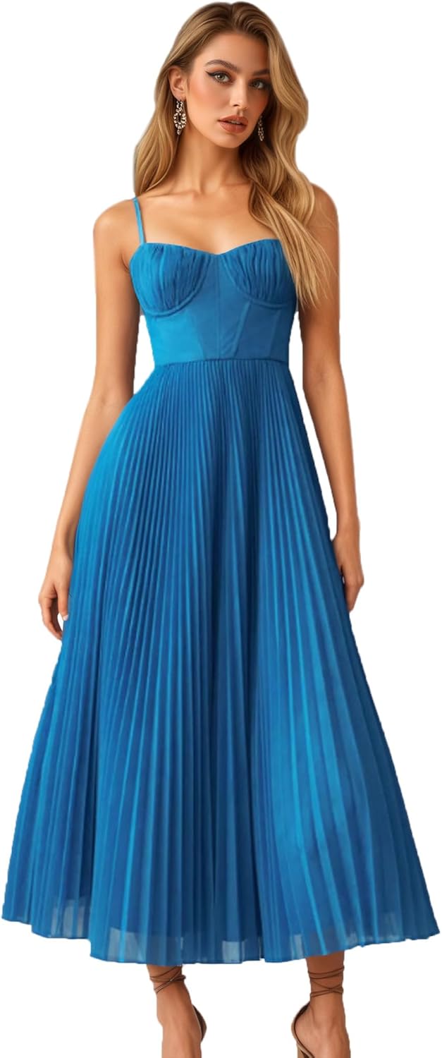Womens Pleated A-Line Ruched Sleeveless Prom Dress Adjustable Spaghetti Strap Backless Party Gown Dress