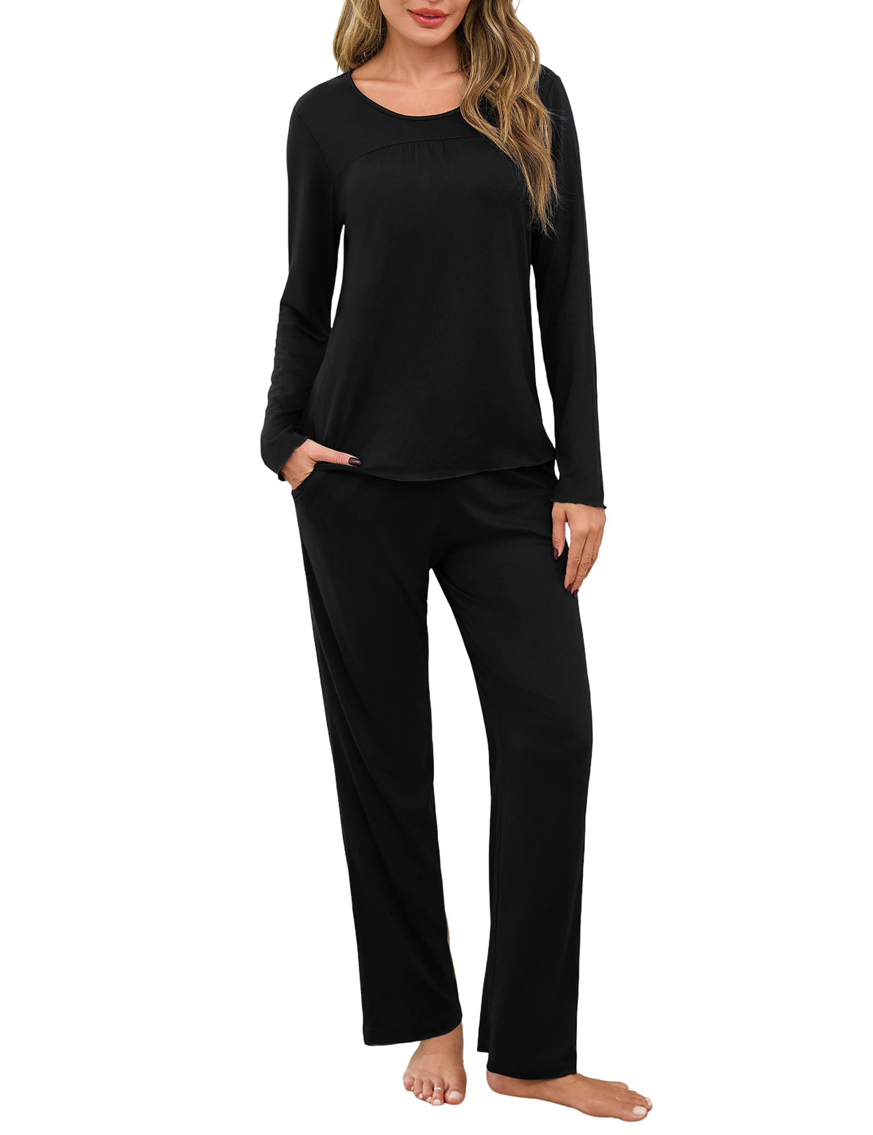 Marvmys Women's Long Sleeve Pyjamas Set Ladies Cotton Pyjamas Sets Round Neck Soft Top and...