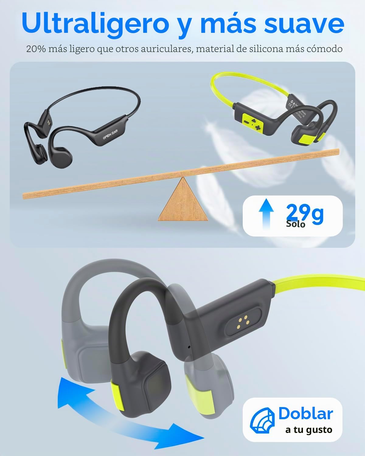 Auriculares Conducción Osea Natacion, 8GB MP3 Auriculares para Nadar Correr | Impermeable IP68 para nadar,correr, Bluetooth 5.4, Modos Bluetooth y MP3, Material de silicona suave