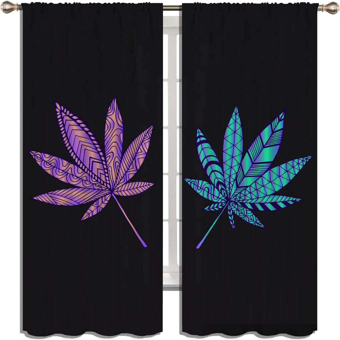 Cannabis Leaf Blackout Curtains for Boy Girl Bedroom Living Room Darkening Decor, Abstract Psychedelic with Marijuana Leaf Weed Rod Pocket Thermal Insulated Window Curtain/Drapes 2 Panel, 55x63 Inch