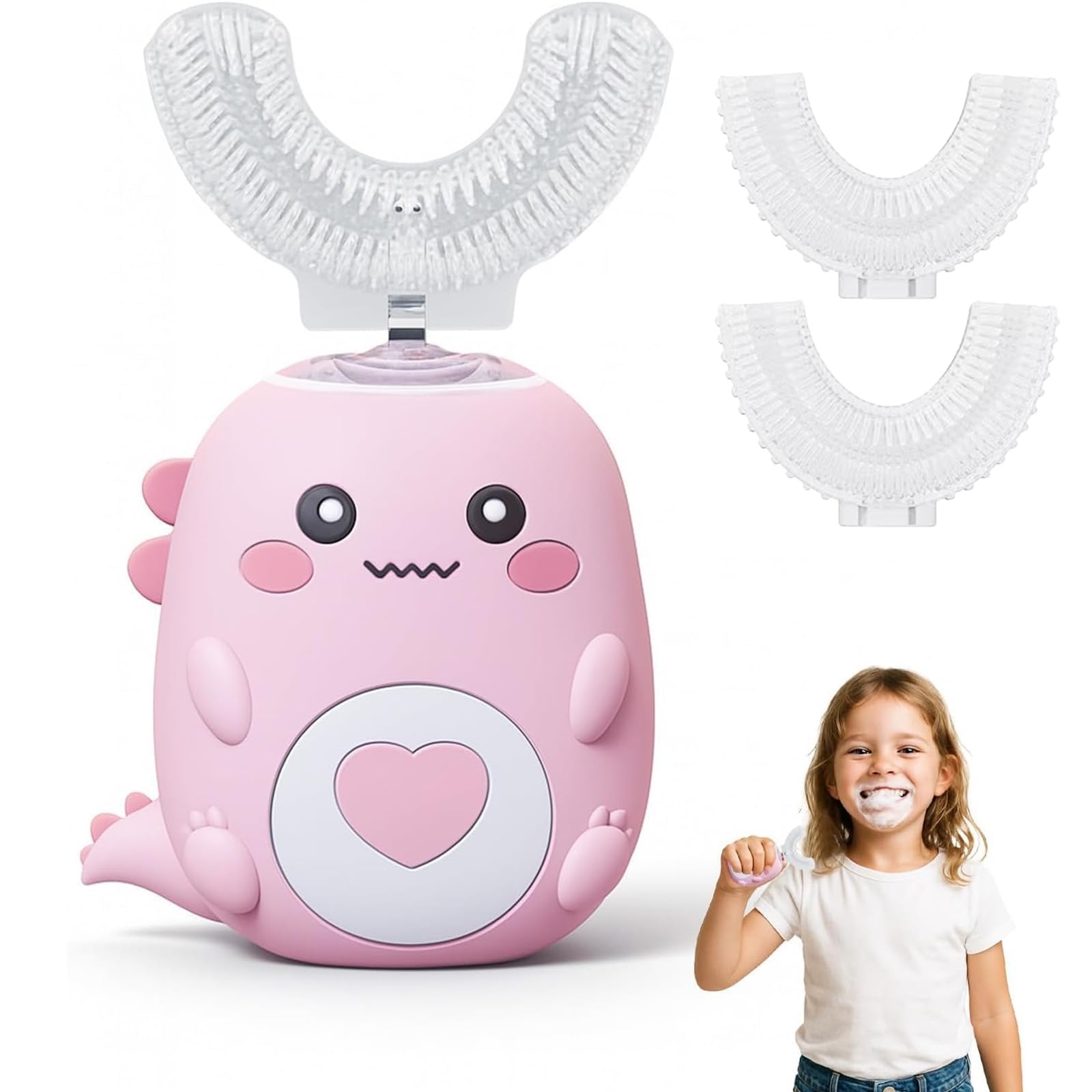 360º Brosse A Dent Electrique Enfant, Brosse à Dent éLectrique Enfant Avec 2 TêTes De Brosse En Silicone En Forme De U, LumièRe Led Et Aspect Dinosaure,Pour Brosse à Dent éLectrique Enfants 3 Ans (B)