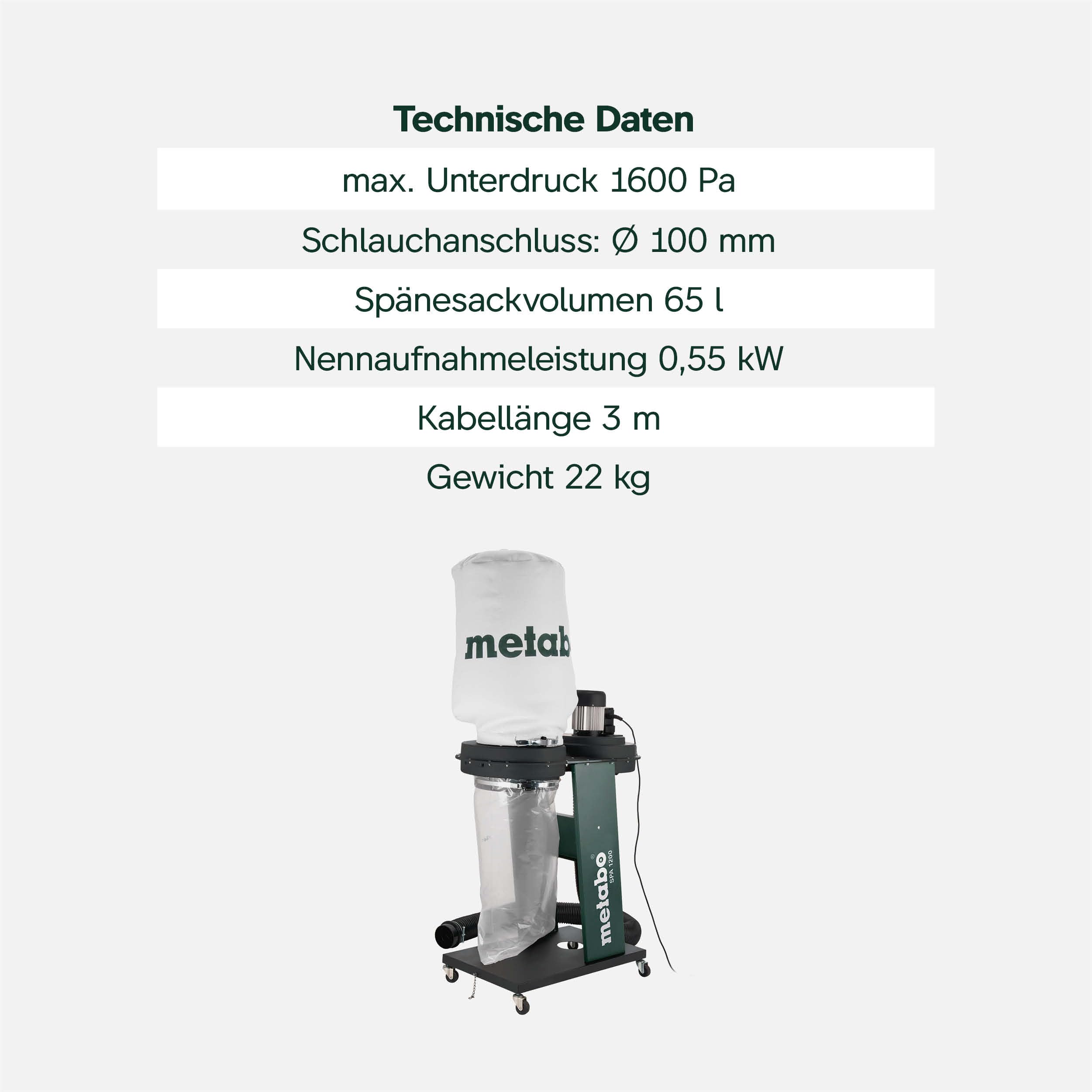 metabo Späneabsauganlage SPA 1200, Absaugung mit 65 L Spänesack & Schlauch | Set mit Absaugschlauch, Staubklasse L Sauger für Holzspäne, mobil auf Rollen für Werkstatt Maschinen, 550 W Absauggebläse