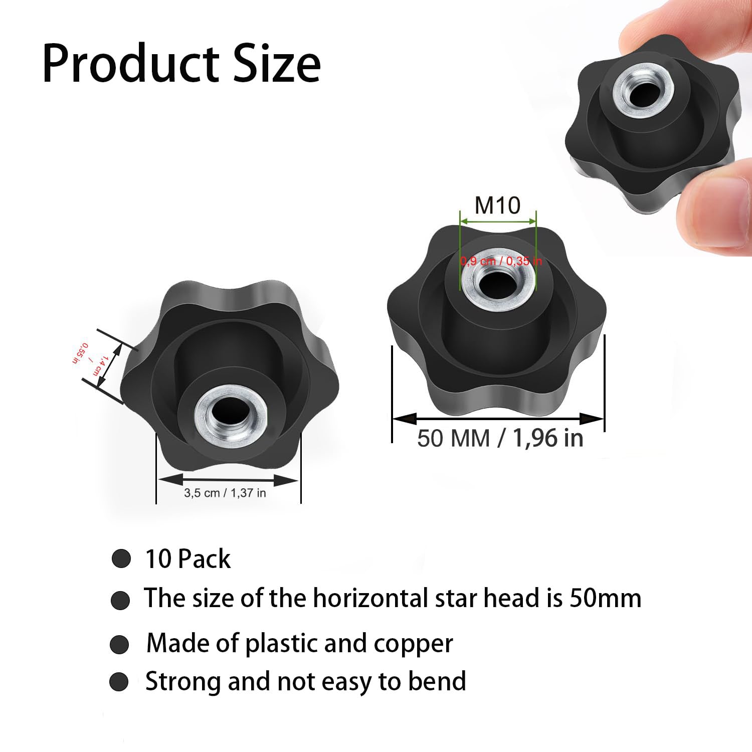 Pack Of 10 Black Star Grip Nuts - M10 Internal Thread, 50mm Knurled Plastic Clamping Knobs For Furniture & DIY