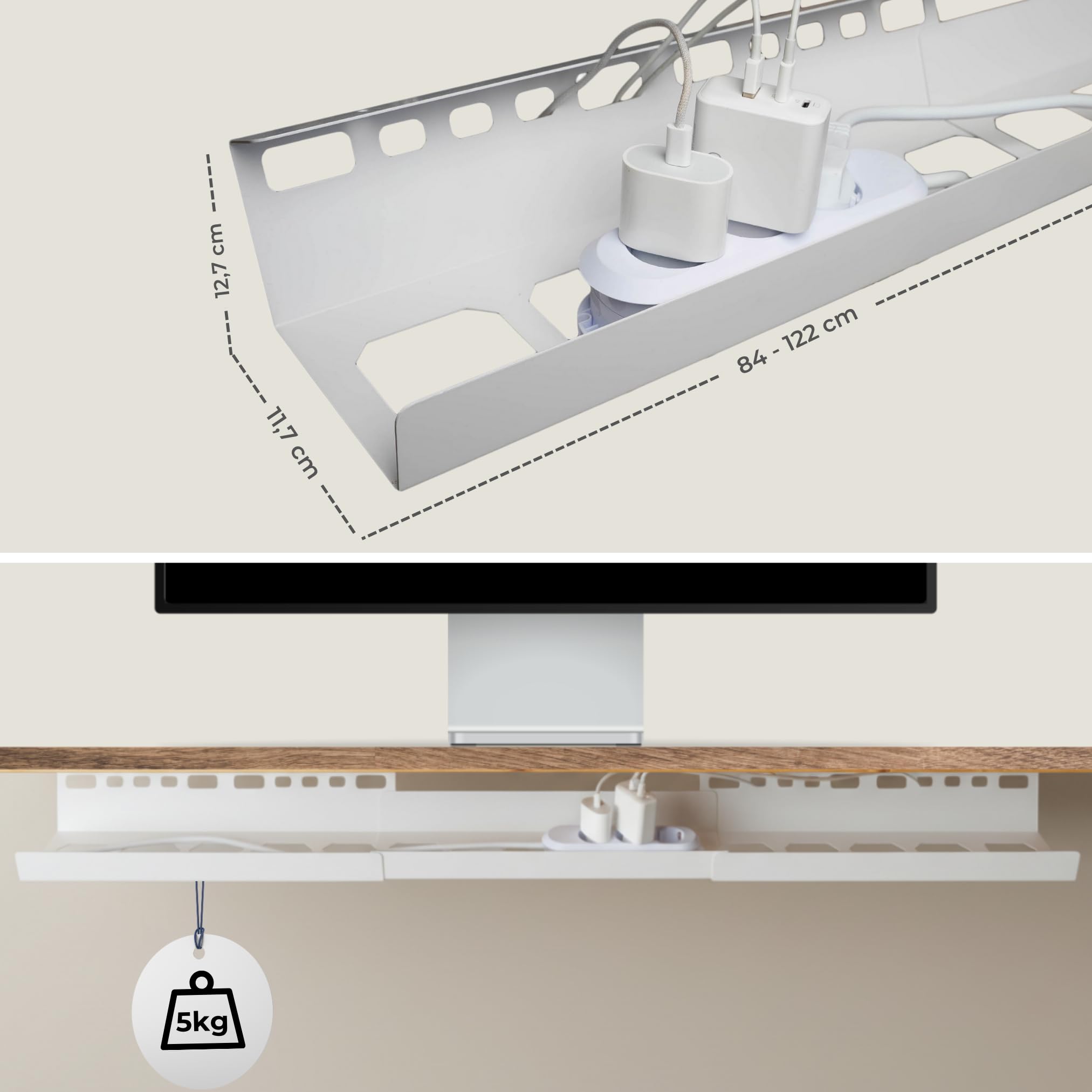 2GOODz Canalina per cavi da scrivania, inclinata/estensibile, 84-122 cm | Facile accesso: montaggio semplice, acciaio stabile, con accessori