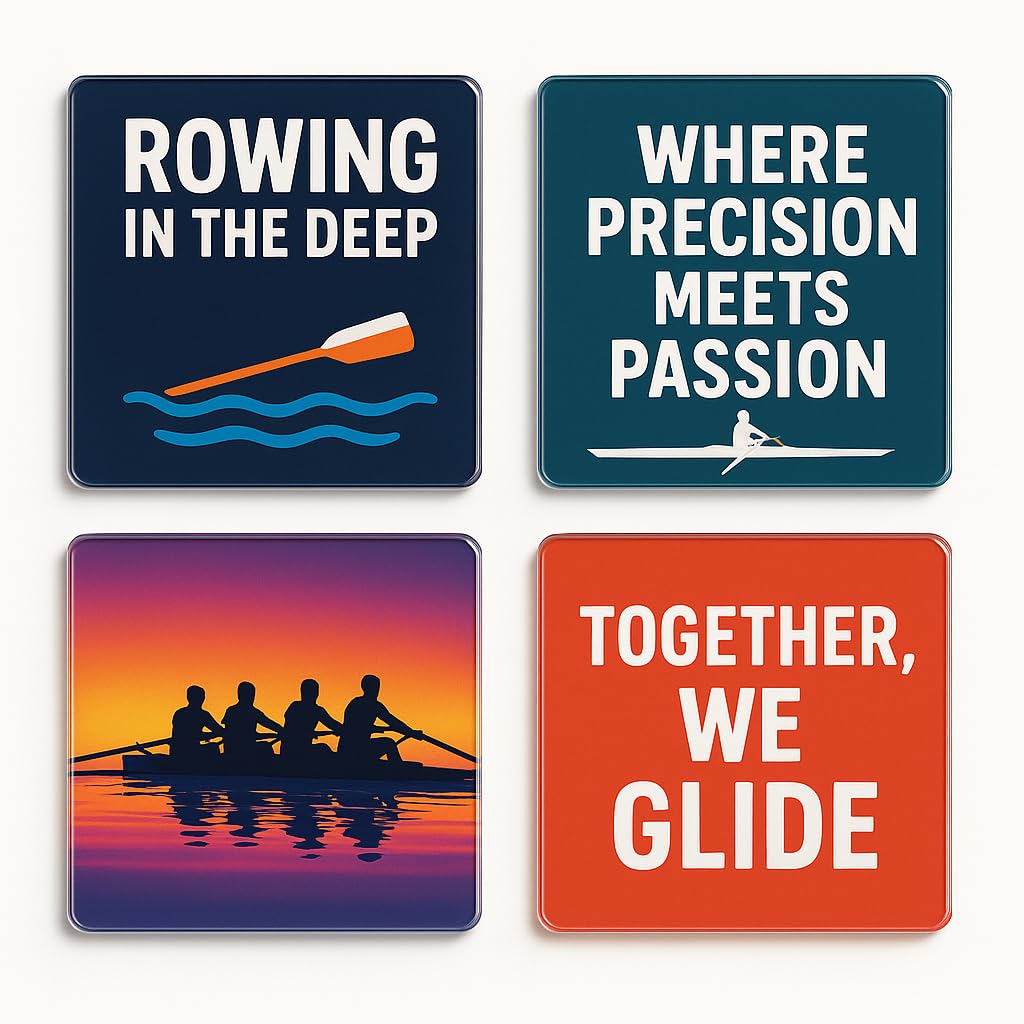 The Plum Penguin Rowing Reverie Acrylic Coaster Gift Set Of 4 With Design - Celebratory Sports Decor For Rowing Enthusiasts And Home Bars