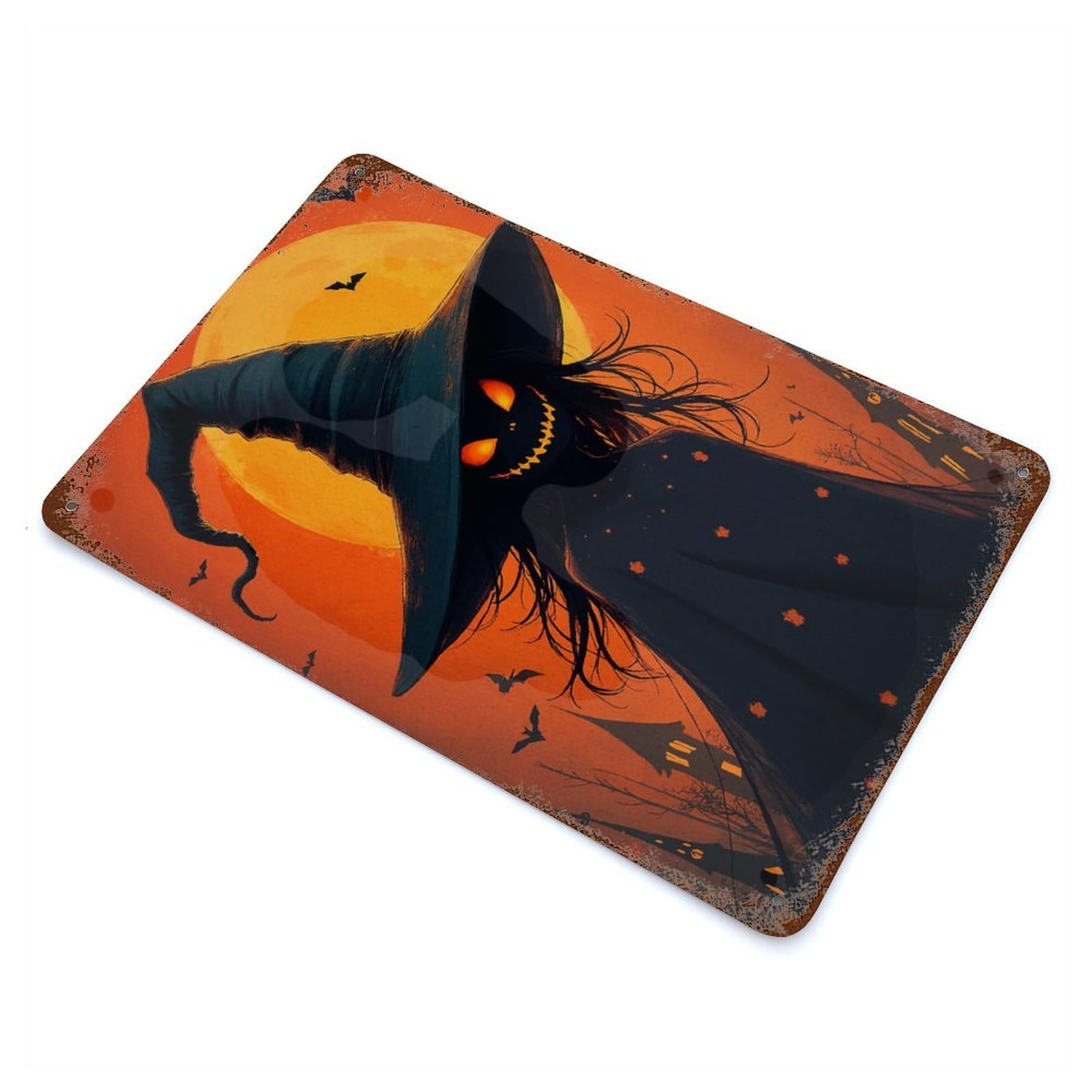 Rust Effect Spooky Halloween Witch Moon Rusty Metal Tin Sign 11.8"x7.9", Rustic Home Decor for Bistro, Counter And Cafe Decor