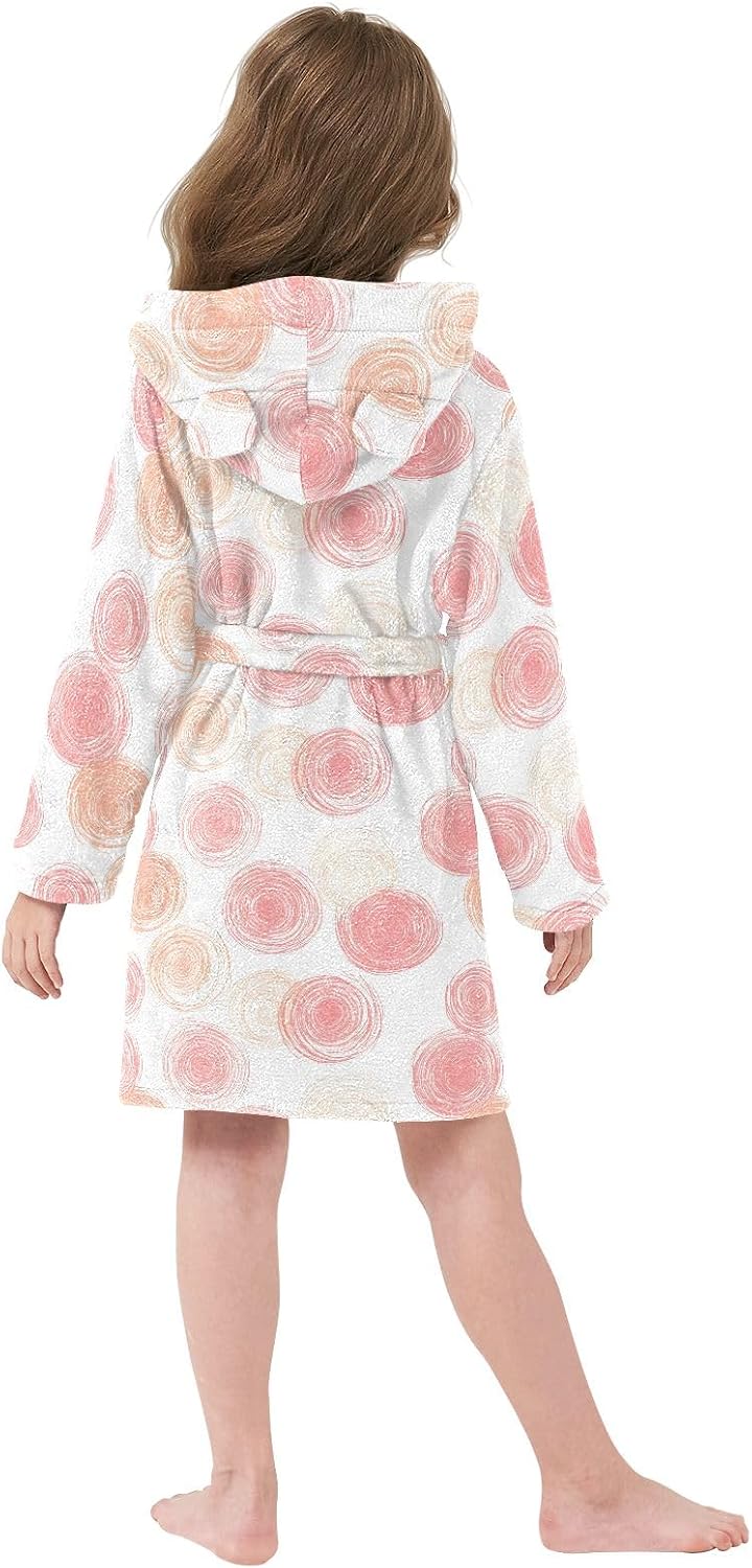 Simple Pink Circle Prints Toddler Hooded Bathrobe for Boys Girls Soft Plush Bath Towel Robe 2-12 Years