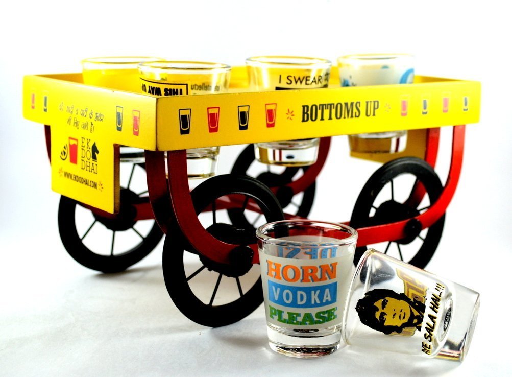 Rangeela Cart with Shot Glass Set (60ml, Multicolour) -7-Pieces